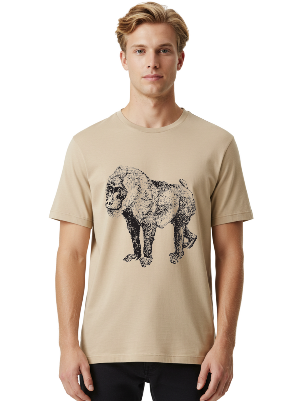 Baboon Men'S Graphic Tee, 100% Cotton, Comfortable Casual Summer Wear, Machine Washable, Baboon, Primate, Wildlife, Animal Illustration, Sketch Art, Detailed Drawing, Furry Texture, Monkey Species, Wild Primate Aad845