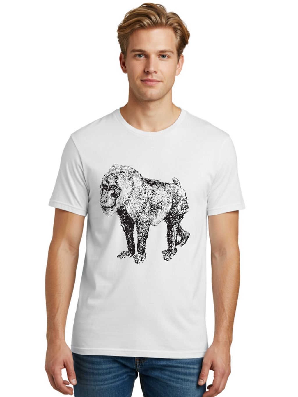 Baboon Men'S Graphic Tee, 100% Cotton, Comfortable Casual Summer Wear, Machine Washable, Baboon, Primate, Wildlife, Animal Illustration, Sketch Art, Detailed Drawing, Furry Texture, Monkey Species, Wild Primate Aad845