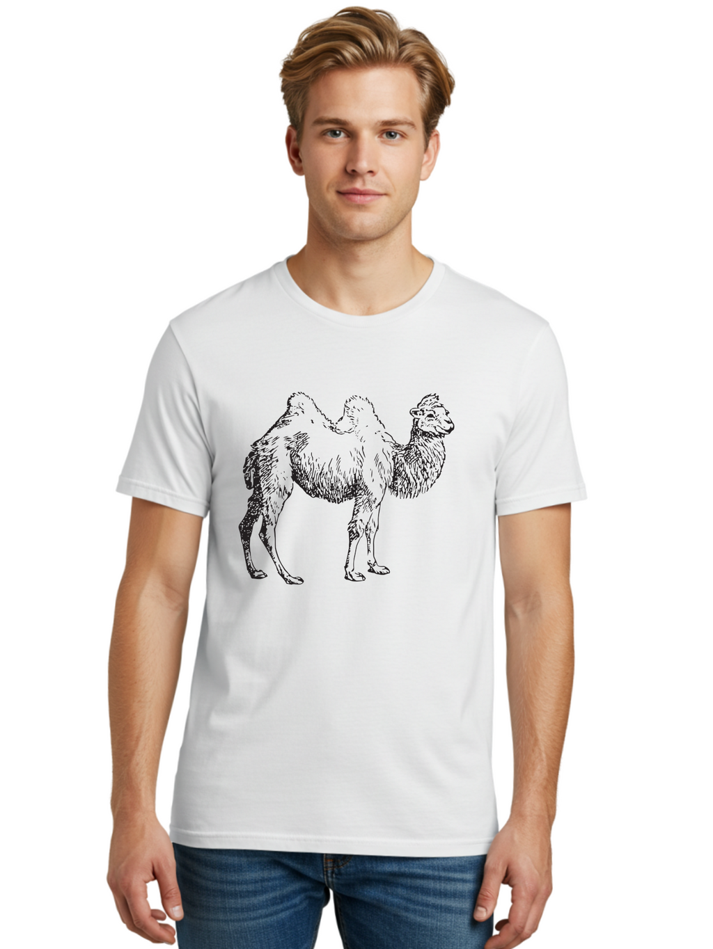 Bactrian-Camel Men'S Graphic Tee, 100% Cotton, Comfortable Casual Summer Wear, Machine Washable, Bactrian Camel, Double Hump Camel, Desert Animal, Exotic Creature, Wild Camel, Camel Illustration, Camel Drawing Aad846
