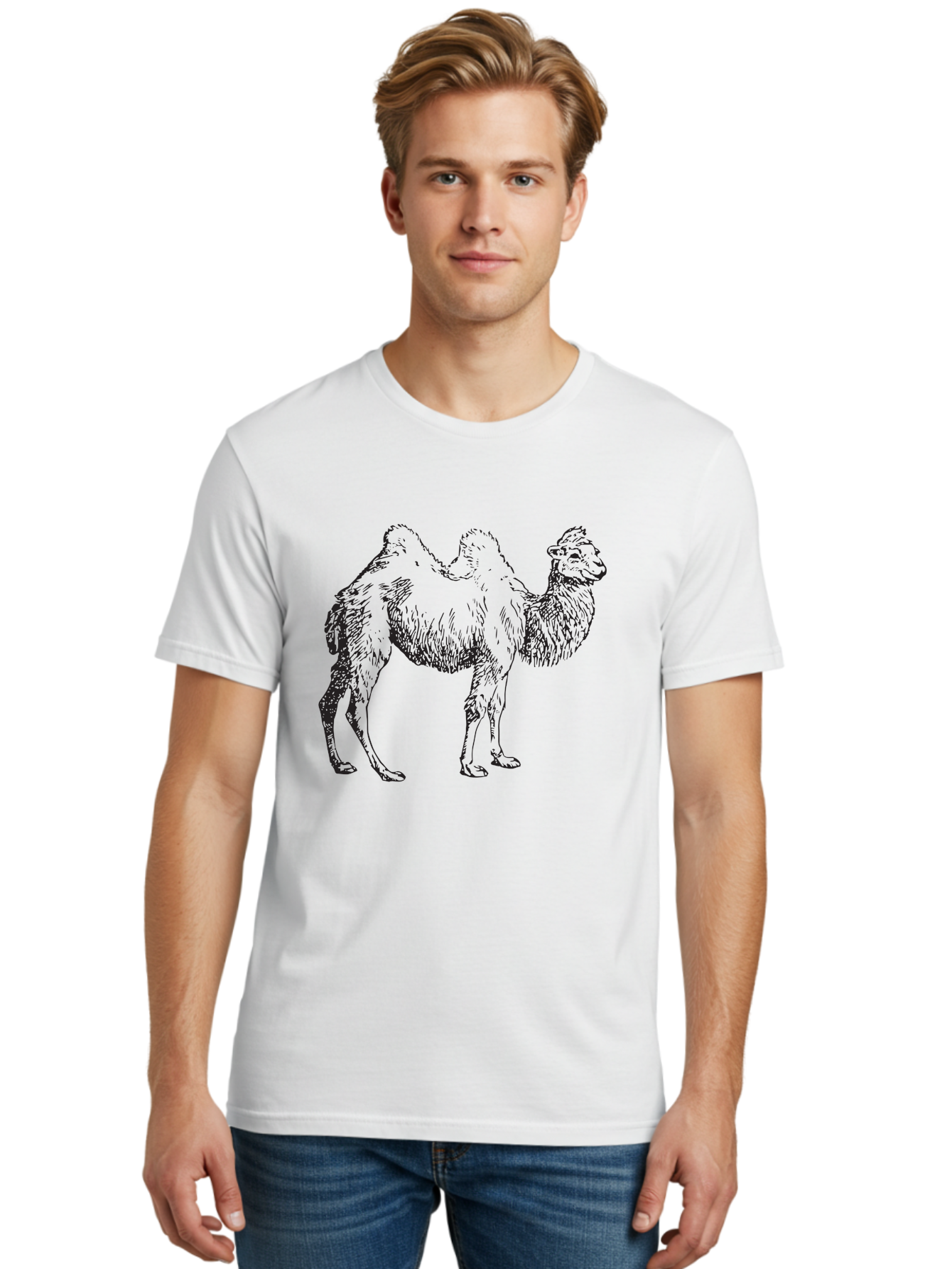 Bactrian-Camel Men'S Graphic Tee, 100% Cotton, Comfortable Casual Summer Wear, Machine Washable, Bactrian Camel, Double Hump Camel, Desert Animal, Exotic Creature, Wild Camel, Camel Illustration, Camel Drawing Aad846
