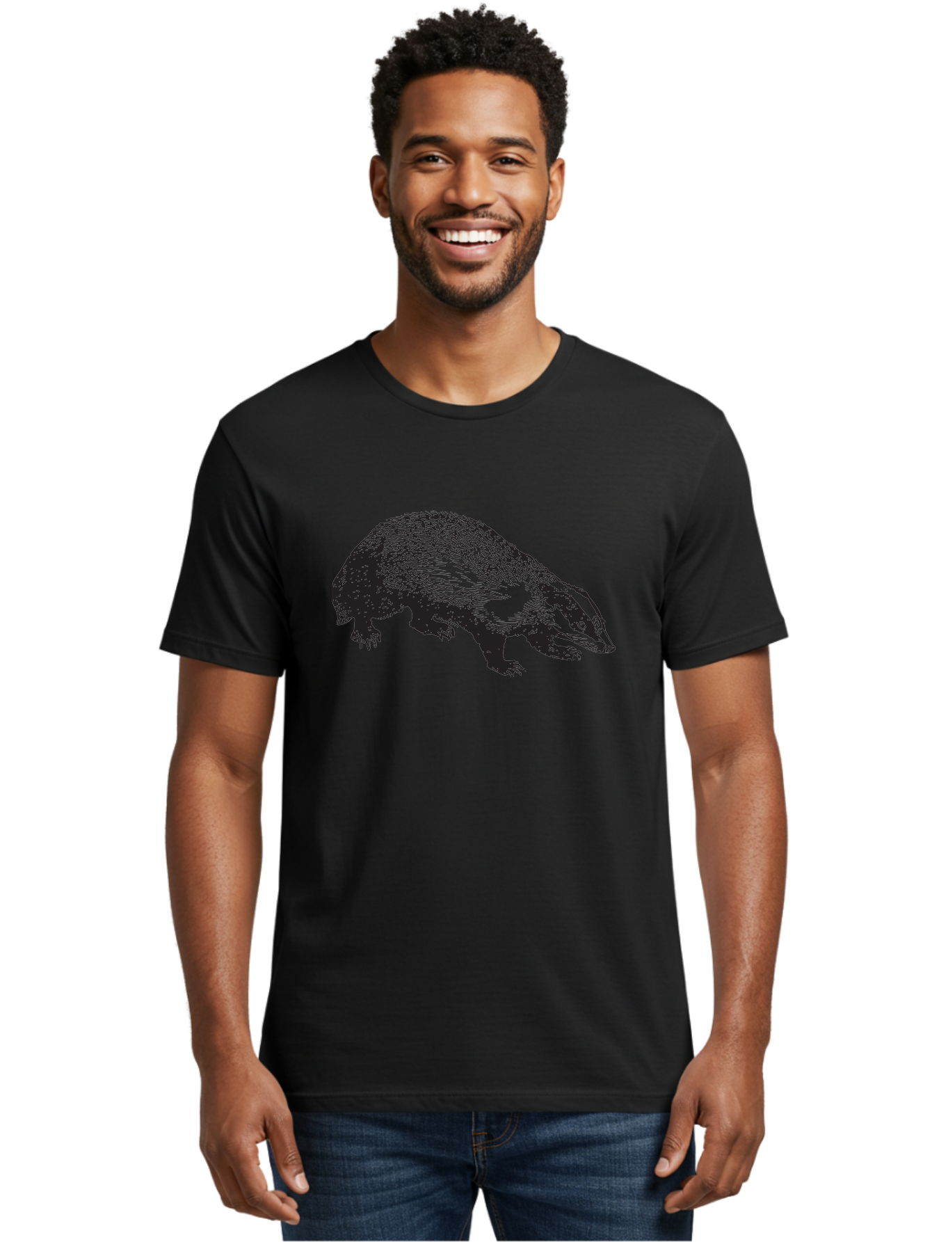 Badger Men'S Graphic Tee, 100% Cotton, Comfortable Casual Summer Wear, Machine Washable, Badger Illustration, Wildlife Art, Animal Graphics, Black And Green Colors, Detailed Texture, Wildlife Design, Furry Creature, Omnivorous Mammal Aad847