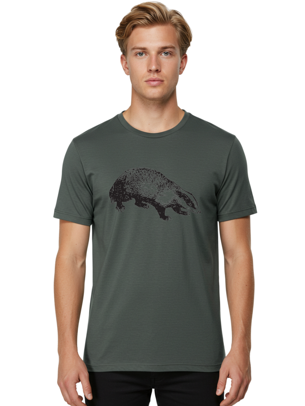 Badger Men'S Graphic Tee, 100% Cotton, Comfortable Casual Summer Wear, Machine Washable, Badger Illustration, Wildlife Art, Animal Graphics, Black And Green Colors, Detailed Texture, Wildlife Design, Furry Creature, Omnivorous Mammal Aad847