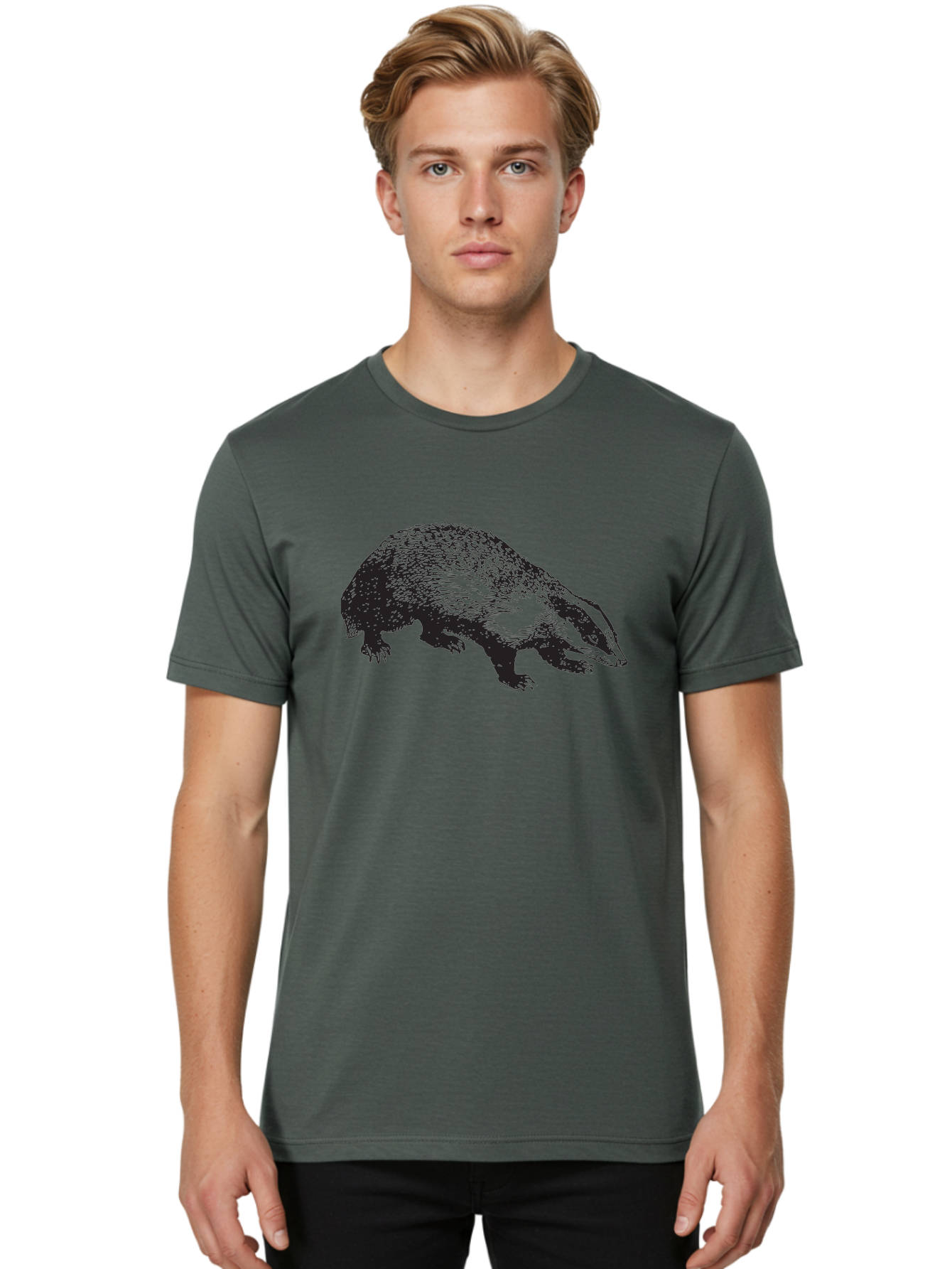 Badger Men'S Graphic Tee, 100% Cotton, Comfortable Casual Summer Wear, Machine Washable, Badger Illustration, Wildlife Art, Animal Graphics, Black And Green Colors, Detailed Texture, Wildlife Design, Furry Creature, Omnivorous Mammal Aad847
