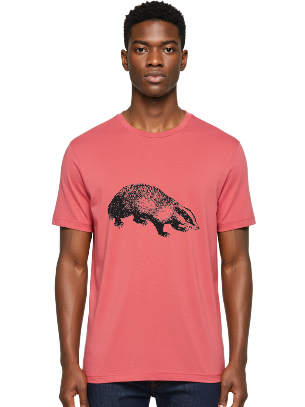 Badger Men'S Graphic Tee, 100% Cotton, Comfortable Casual Summer Wear, Machine Washable, Badger Illustration, Wildlife Art, Animal Graphics, Black And Green Colors, Detailed Texture, Wildlife Design, Furry Creature, Omnivorous Mammal Aad847