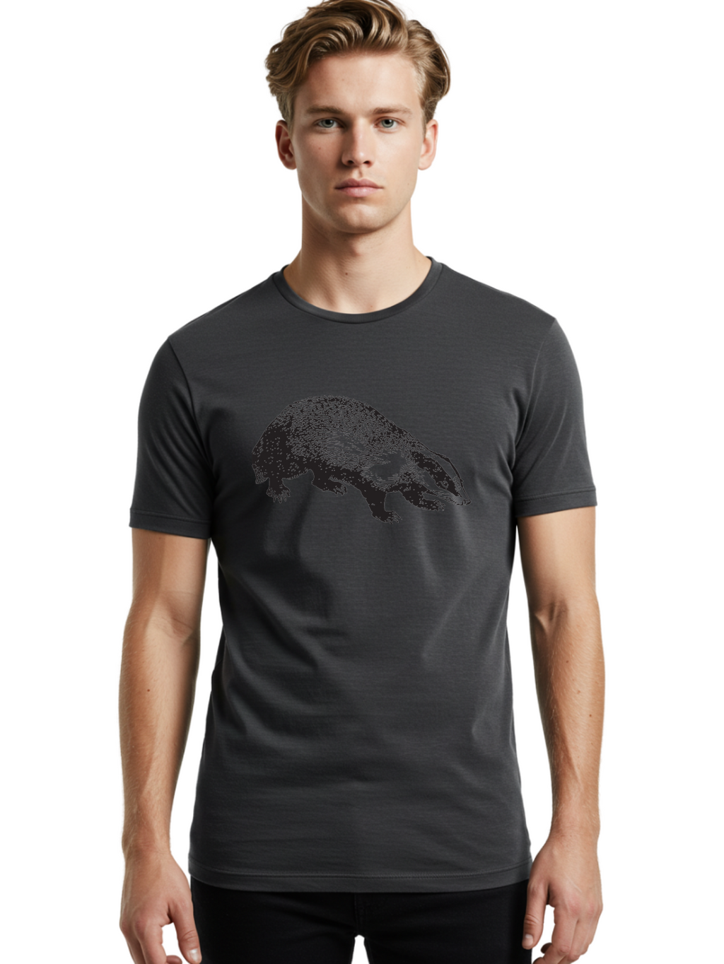 Badger Men'S Graphic Tee, 100% Cotton, Comfortable Casual Summer Wear, Machine Washable, Badger Illustration, Wildlife Art, Animal Graphics, Black And Green Colors, Detailed Texture, Wildlife Design, Furry Creature, Omnivorous Mammal Aad847