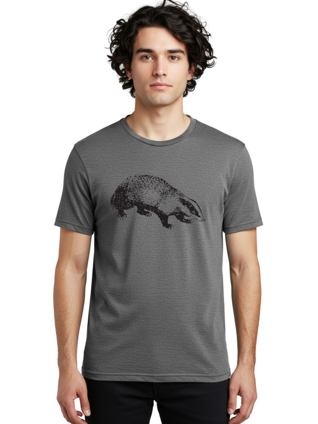 Badger Men'S Graphic Tee, 100% Cotton, Comfortable Casual Summer Wear, Machine Washable, Badger Illustration, Wildlife Art, Animal Graphics, Black And Green Colors, Detailed Texture, Wildlife Design, Furry Creature, Omnivorous Mammal Aad847