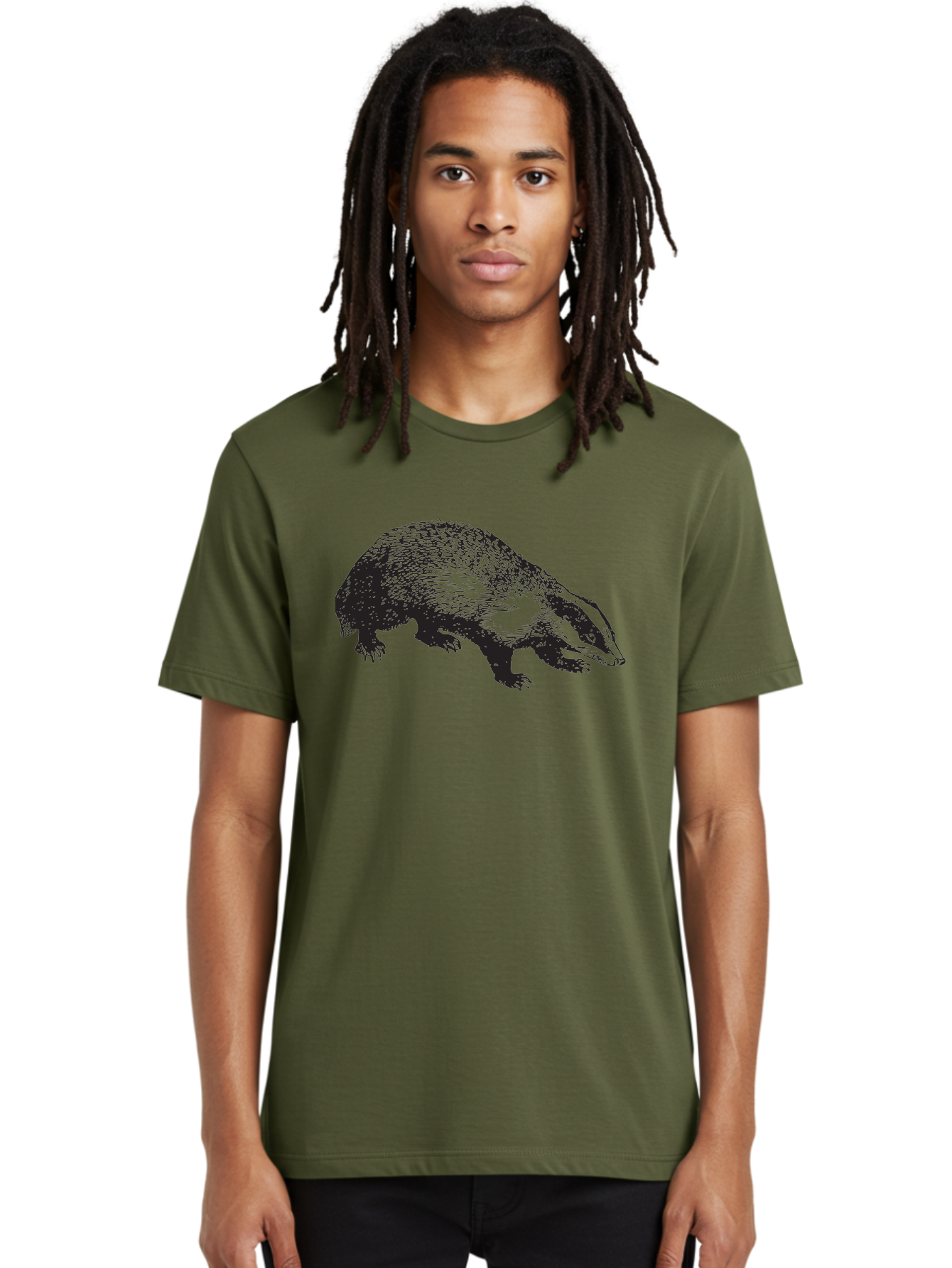 Badger Men'S Graphic Tee, 100% Cotton, Comfortable Casual Summer Wear, Machine Washable, Badger Illustration, Wildlife Art, Animal Graphics, Black And Green Colors, Detailed Texture, Wildlife Design, Furry Creature, Omnivorous Mammal Aad847