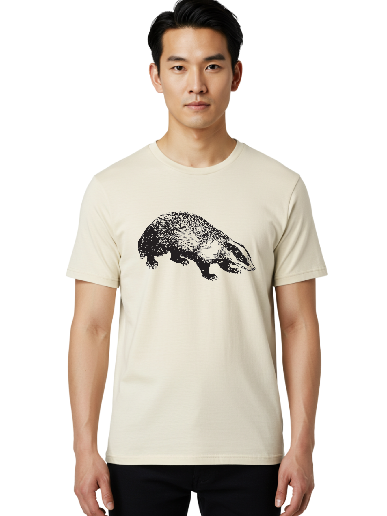 Badger Men'S Graphic Tee, 100% Cotton, Comfortable Casual Summer Wear, Machine Washable, Badger Illustration, Wildlife Art, Animal Graphics, Black And Green Colors, Detailed Texture, Wildlife Design, Furry Creature, Omnivorous Mammal Aad847