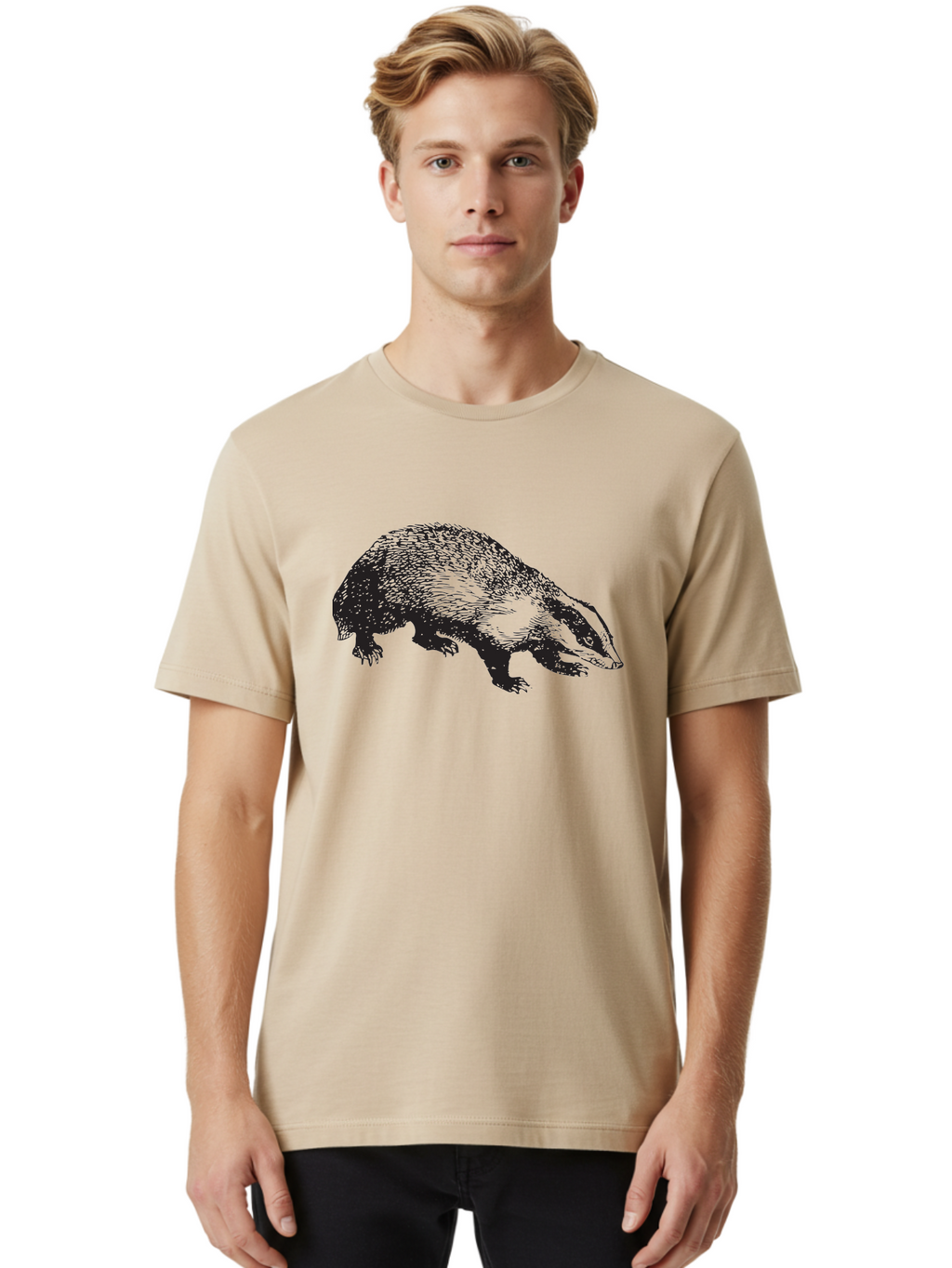 Badger Men'S Graphic Tee, 100% Cotton, Comfortable Casual Summer Wear, Machine Washable, Badger Illustration, Wildlife Art, Animal Graphics, Black And Green Colors, Detailed Texture, Wildlife Design, Furry Creature, Omnivorous Mammal Aad847
