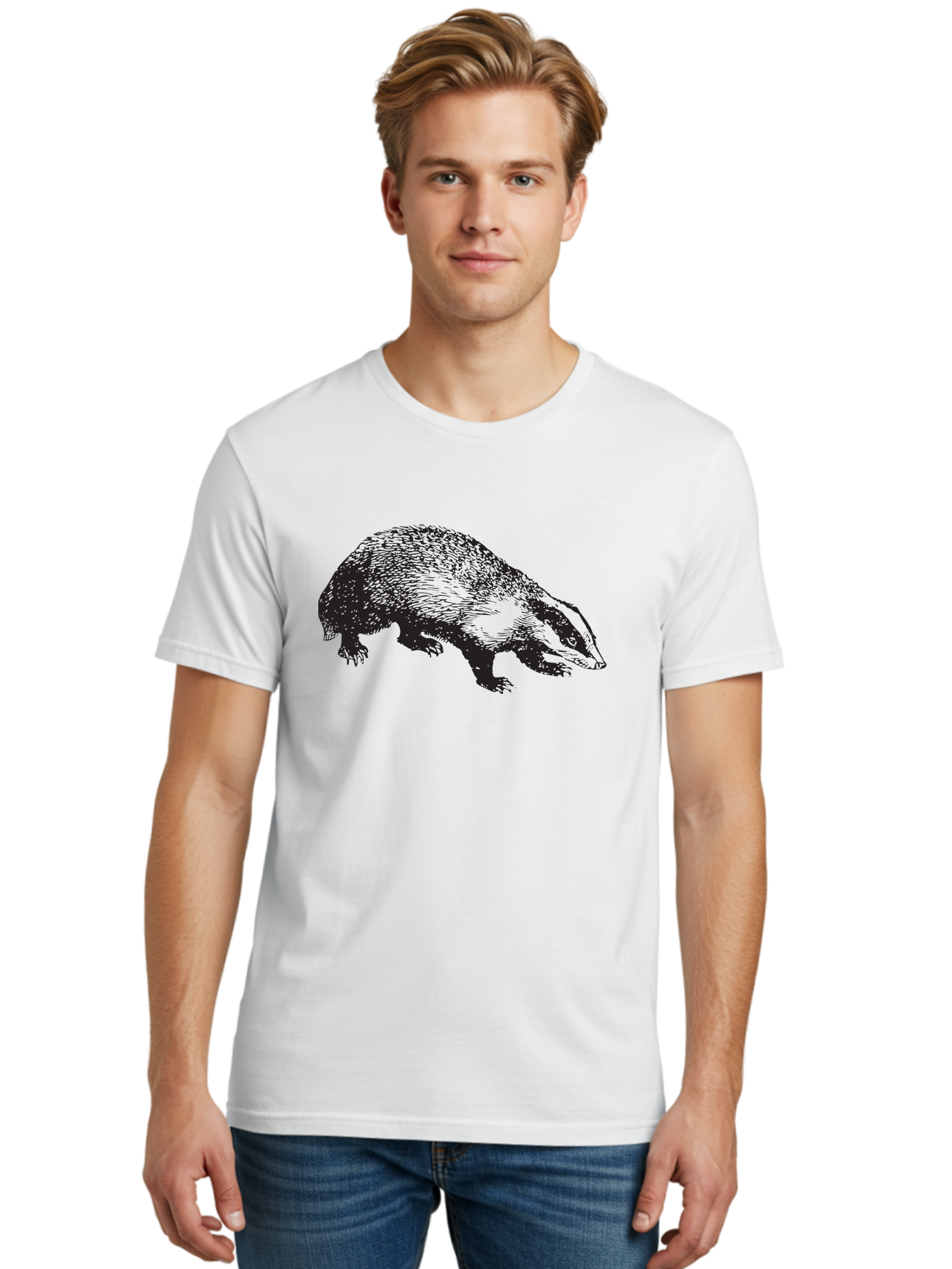 Badger Men'S Graphic Tee, 100% Cotton, Comfortable Casual Summer Wear, Machine Washable, Badger Illustration, Wildlife Art, Animal Graphics, Black And Green Colors, Detailed Texture, Wildlife Design, Furry Creature, Omnivorous Mammal Aad847