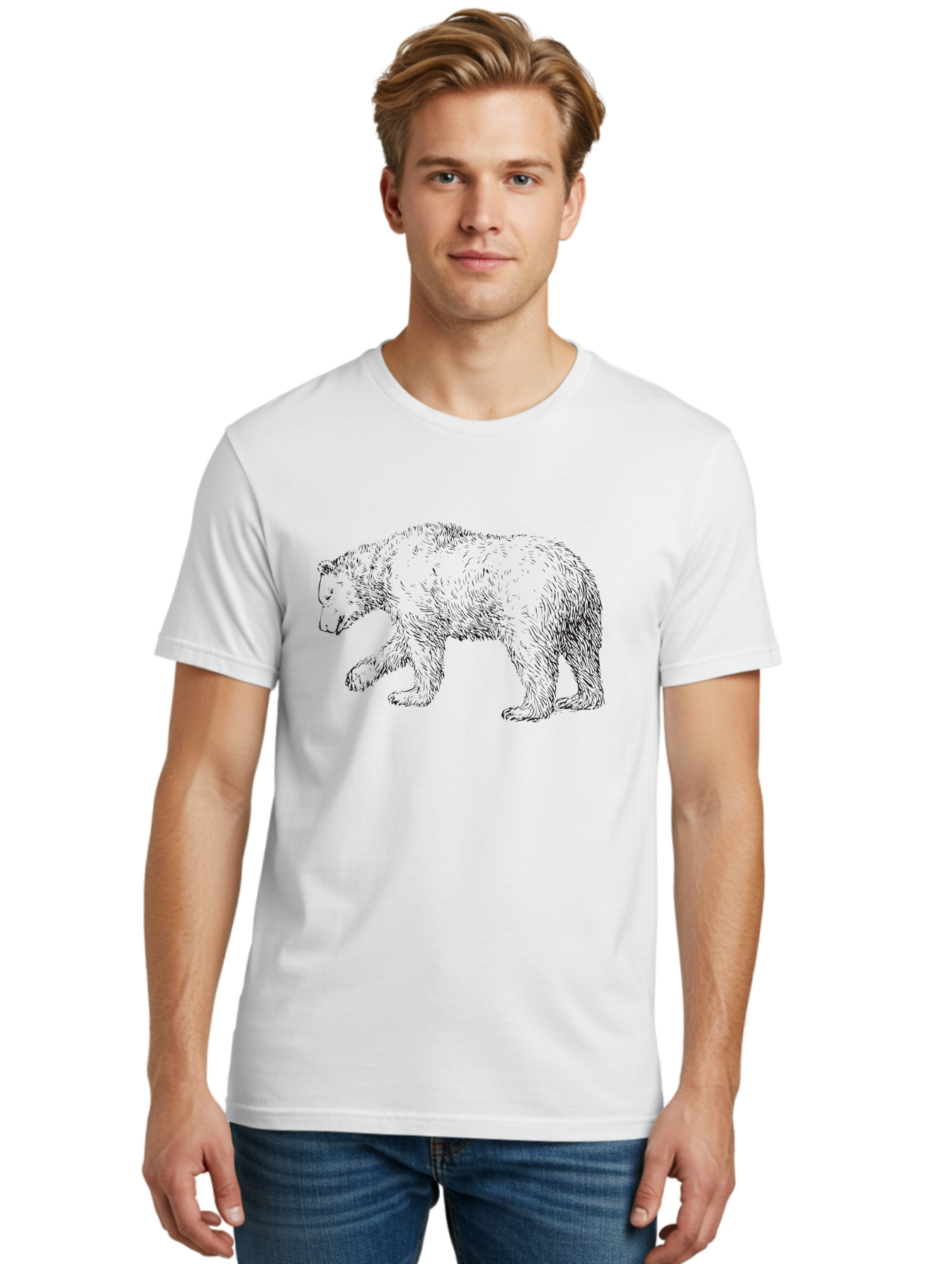 Bear-Sketch Men'S Graphic Tee, 100% Cotton, Comfortable Casual Summer Wear, Machine Washable, Black Bear Illustration, Wild Animal, Mammal, Forestry, Wildlife Conservation, Line Art, Modern Art, Abstract Bear Aad849