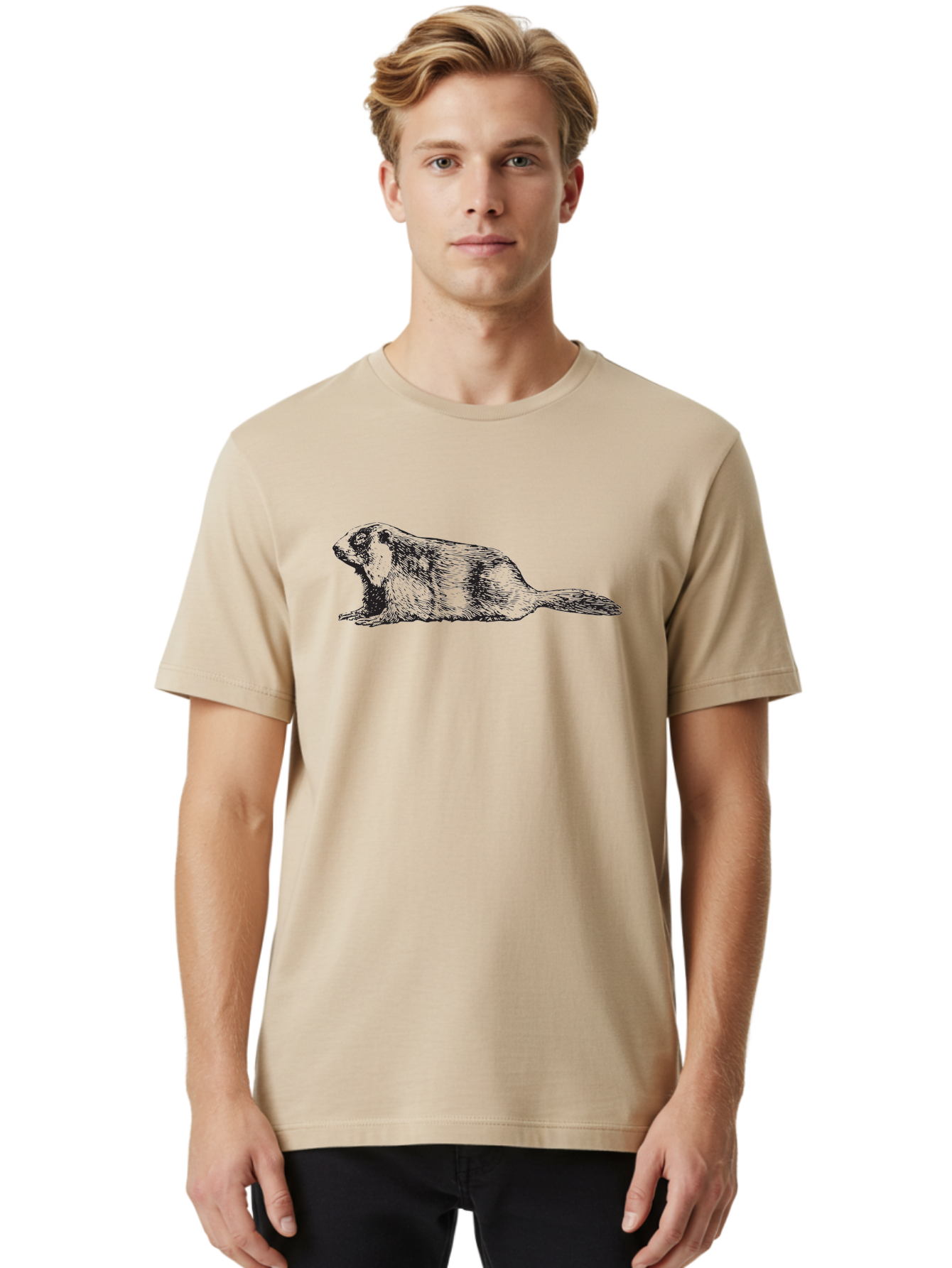 Beaver Men'S Graphic Tee, 100% Cotton, Comfortable Casual Summer Wear, Machine Washable, Beaver Illustration, Rodent Artwork, Wildlife Drawing, Black And White Animal, Sketchy Texture, Furry Creature, Aquatic Mammal, Engraving Style, Aad850