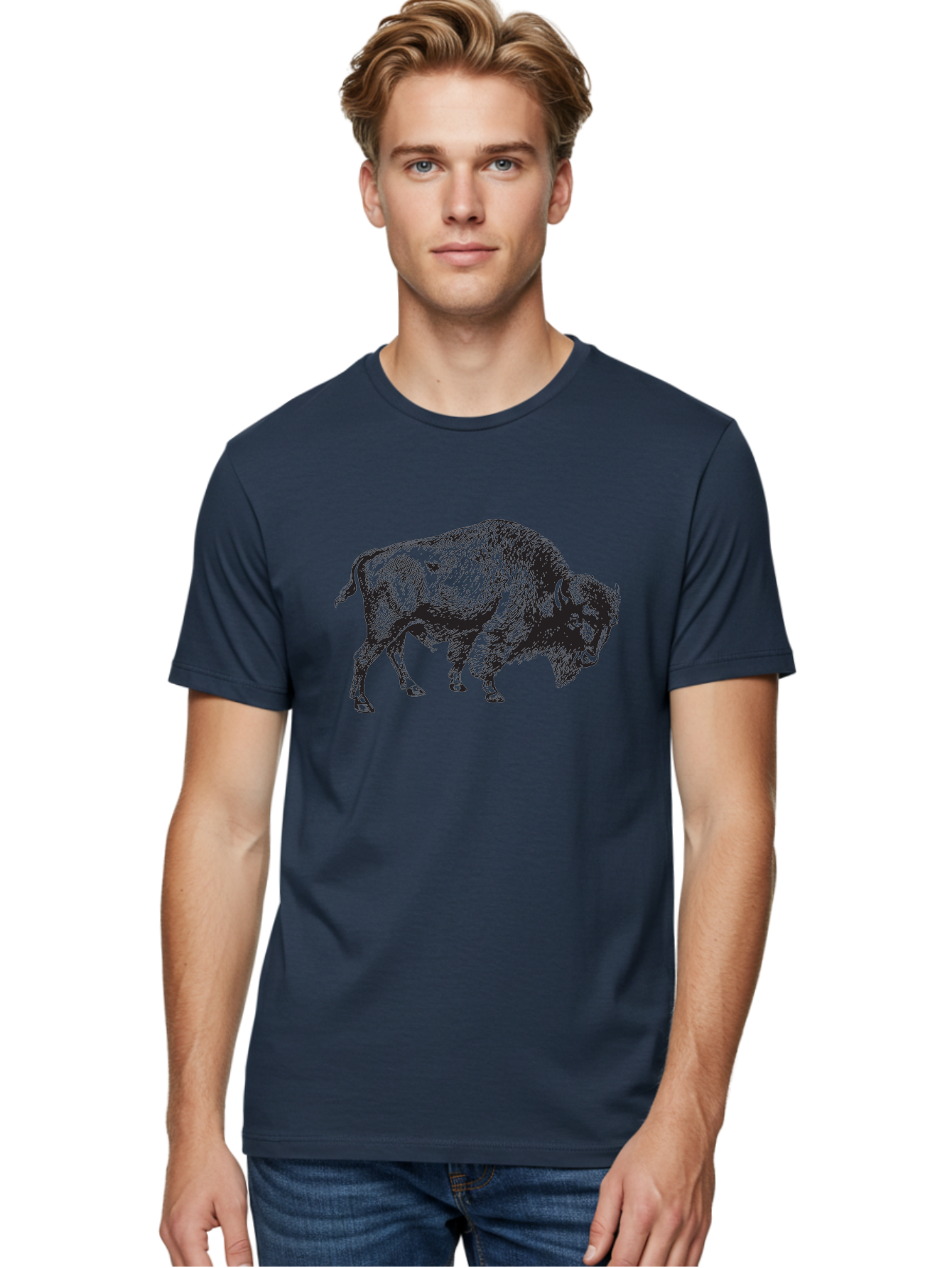 Bison Men'S Graphic Tee, 100% Cotton, Comfortable Casual Summer Wear, Machine Washable, Bison, Wildlife Illustration, American Bison, Wild Animal Art, Majestic Creature, Nature Graphic, Furry Mammal, Bovid Species Aad852