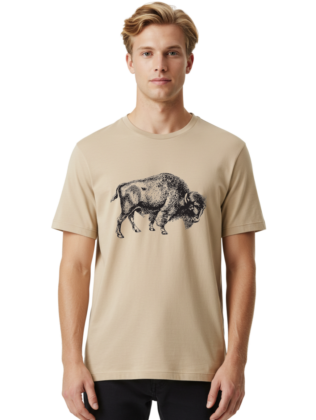 Bison Men'S Graphic Tee, 100% Cotton, Comfortable Casual Summer Wear, Machine Washable, Bison, Wildlife Illustration, American Bison, Wild Animal Art, Majestic Creature, Nature Graphic, Furry Mammal, Bovid Species Aad852