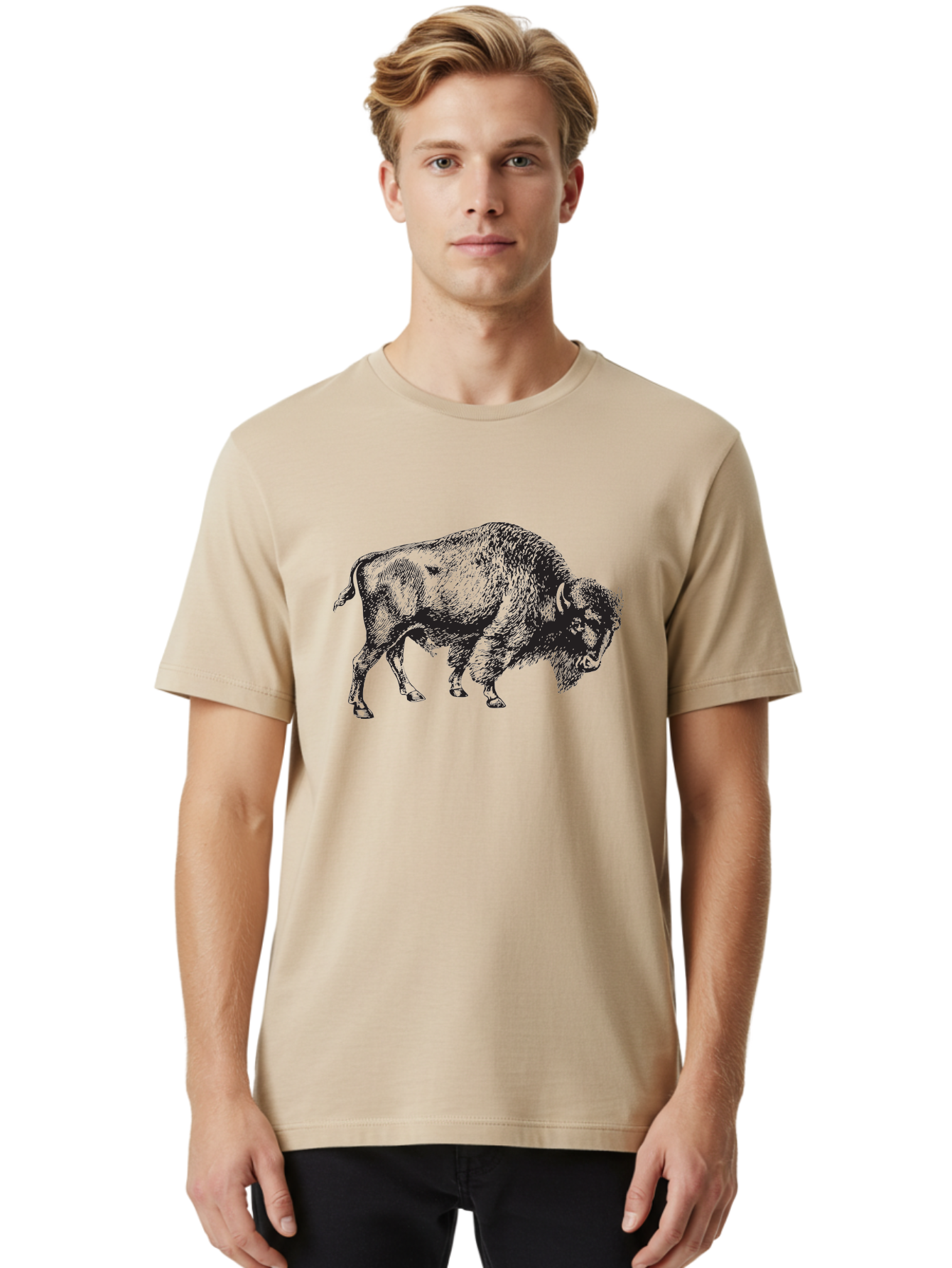Bison Men'S Graphic Tee, 100% Cotton, Comfortable Casual Summer Wear, Machine Washable, Bison, Wildlife Illustration, American Bison, Wild Animal Art, Majestic Creature, Nature Graphic, Furry Mammal, Bovid Species Aad852