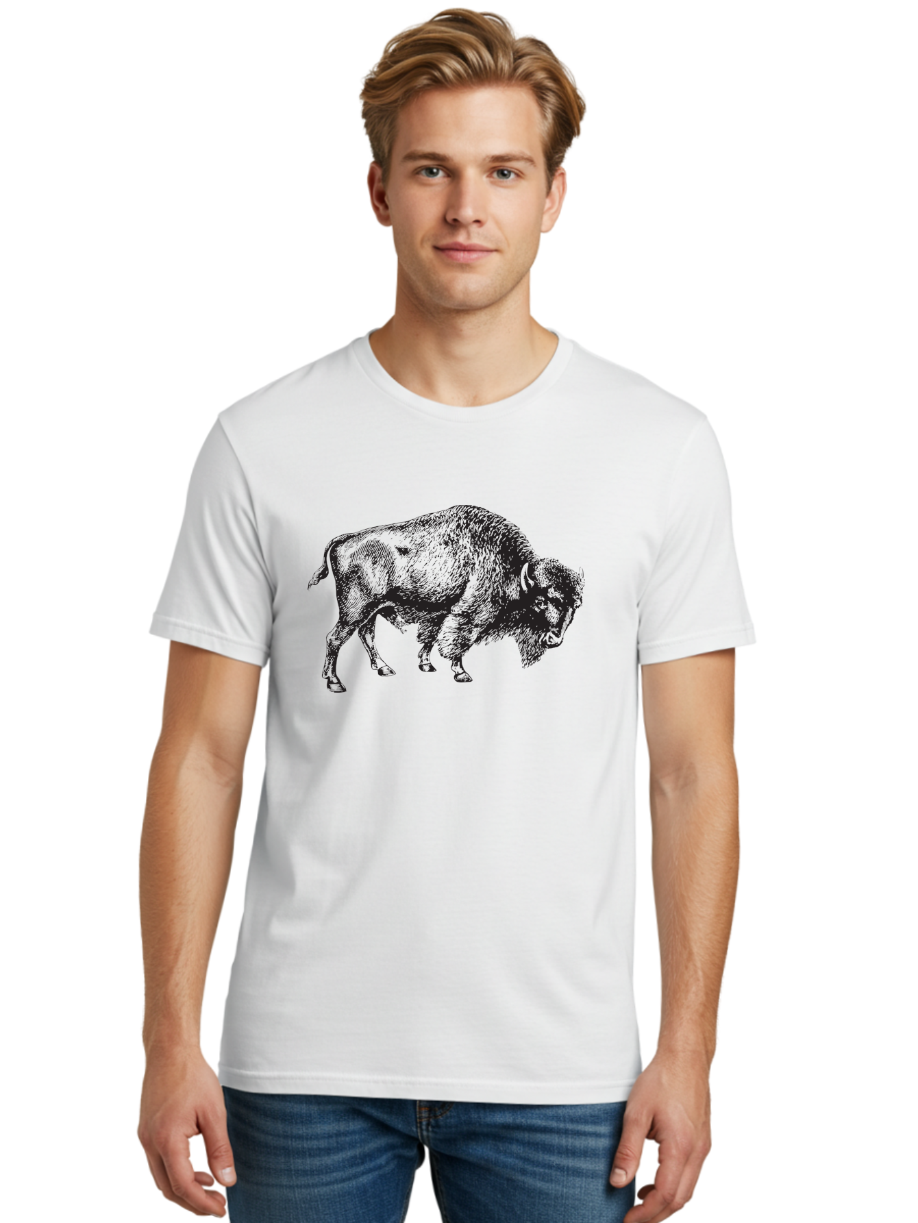 Bison Men'S Graphic Tee, 100% Cotton, Comfortable Casual Summer Wear, Machine Washable, Bison, Wildlife Illustration, American Bison, Wild Animal Art, Majestic Creature, Nature Graphic, Furry Mammal, Bovid Species Aad852
