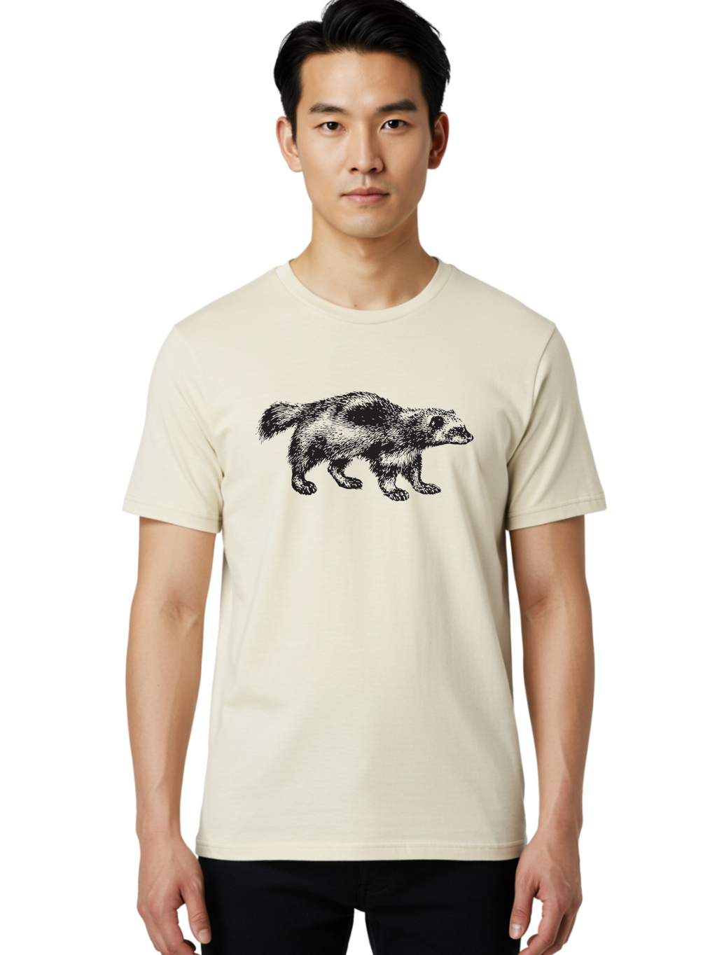 Black-Badger Men'S Graphic Tee, 100% Cotton, Comfortable Casual Summer Wear, Machine Washable, Badger Illustration, Animal Art, Wildlife Graphic, Stylized Mammal, Furry Creature, Monochrome Design, Bold Lines, Rugged Texture, Wildlife Symbol Aad853