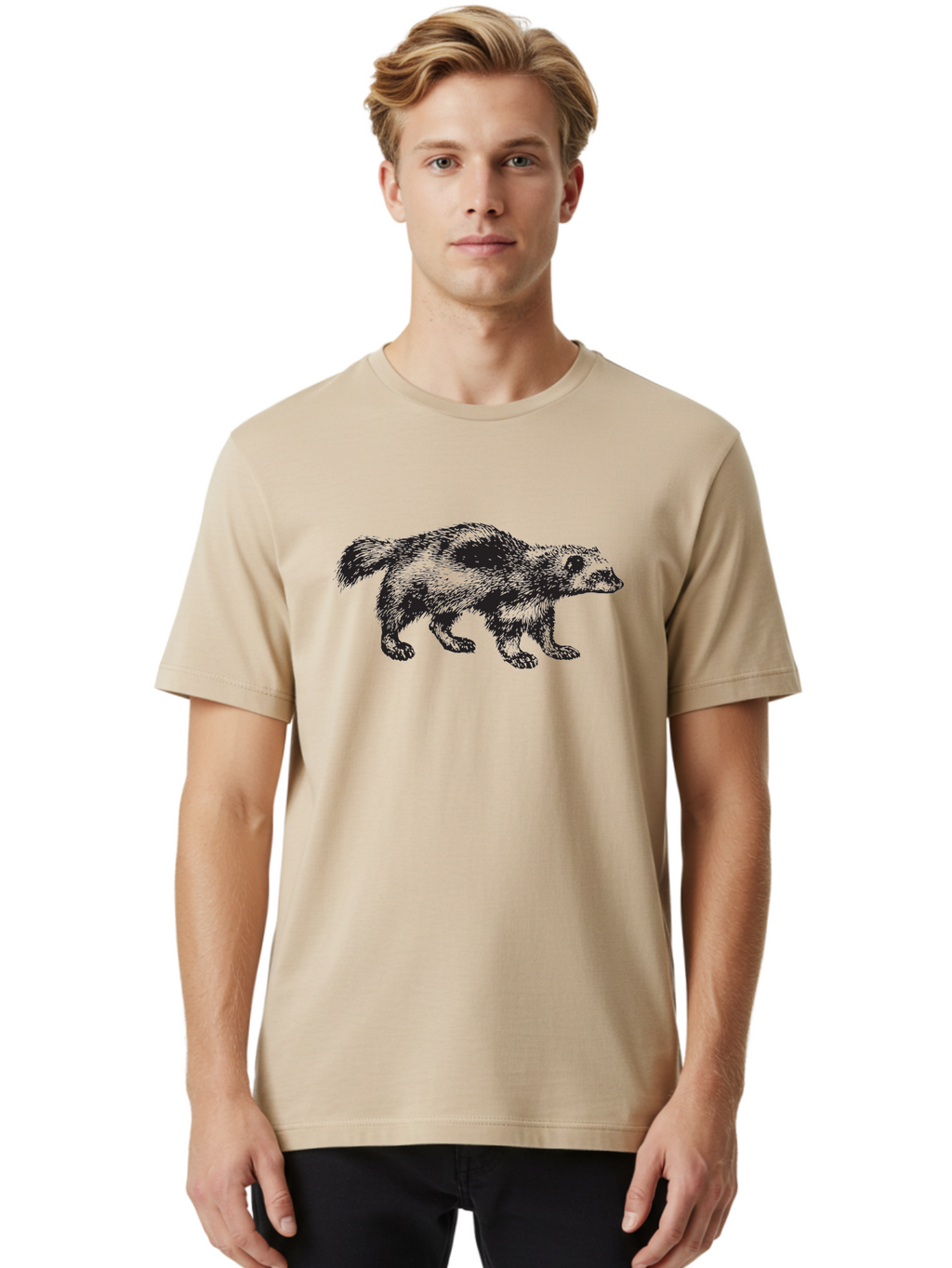 Black-Badger Men'S Graphic Tee, 100% Cotton, Comfortable Casual Summer Wear, Machine Washable, Badger Illustration, Animal Art, Wildlife Graphic, Stylized Mammal, Furry Creature, Monochrome Design, Bold Lines, Rugged Texture, Wildlife Symbol Aad853