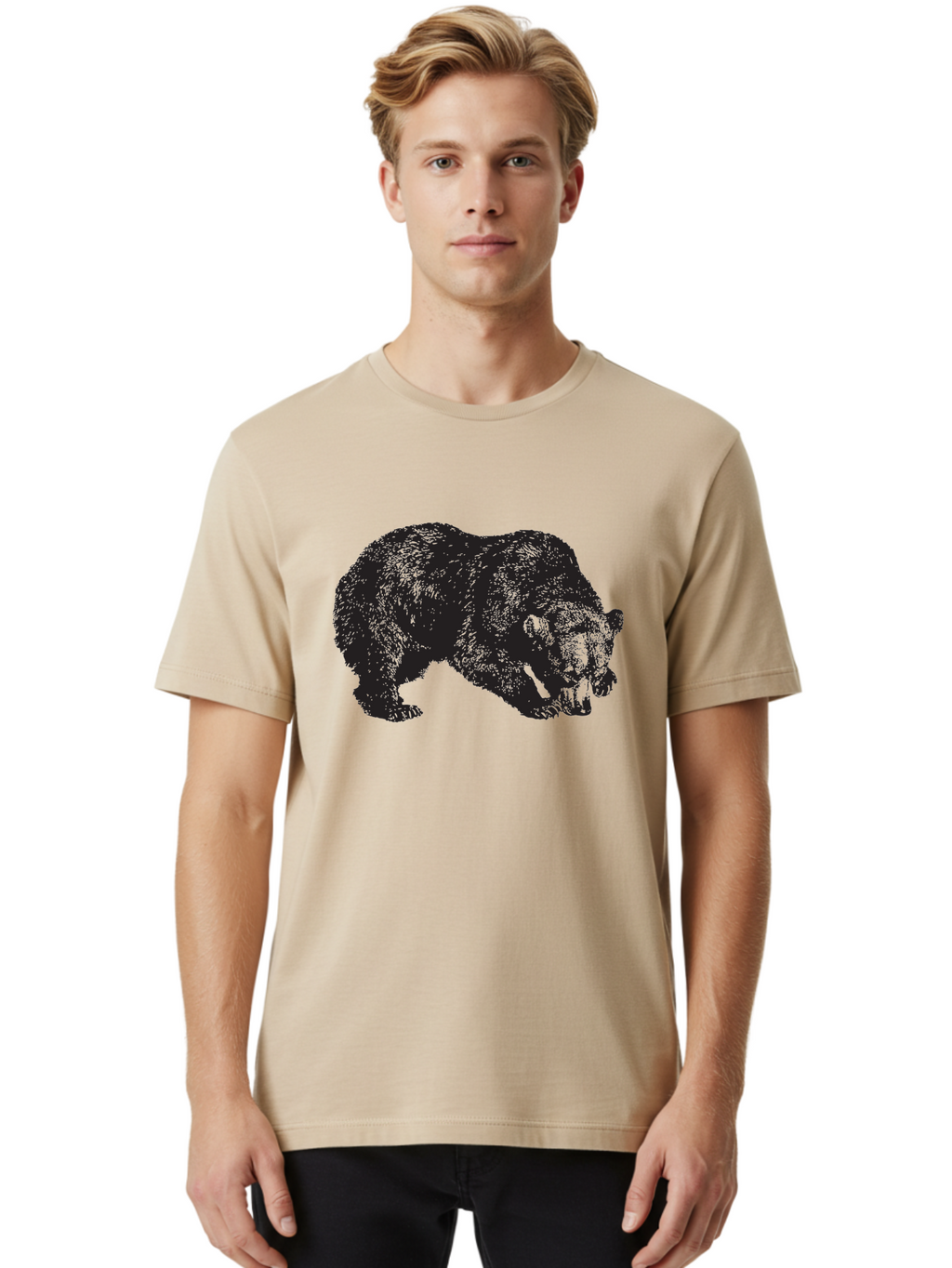 Black-Bear Men'S Graphic Tee, 100% Cotton, Comfortable Casual Summer Wear, Machine Washable, Bear Silhouette, Wildlife Illustration, Animal Artwork, Forest Creature, Majestic Animal, Wild Bear Aad854