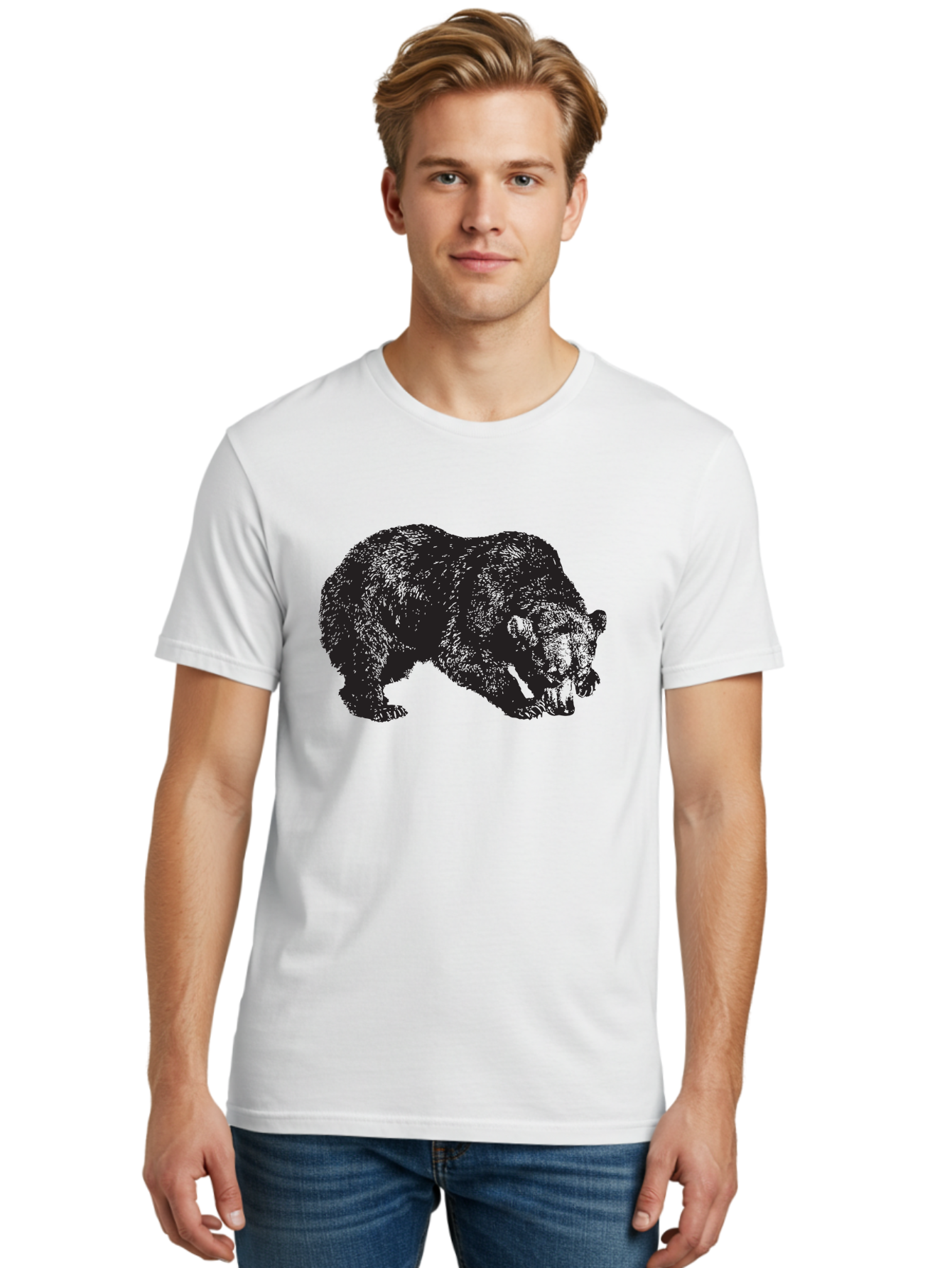 Black-Bear Men'S Graphic Tee, 100% Cotton, Comfortable Casual Summer Wear, Machine Washable, Bear Silhouette, Wildlife Illustration, Animal Artwork, Forest Creature, Majestic Animal, Wild Bear Aad854