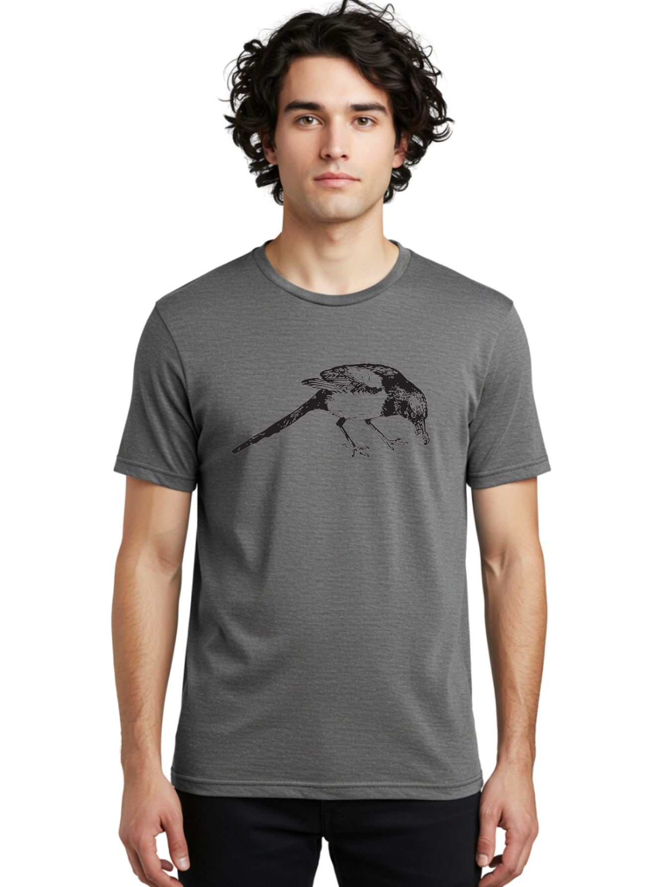 Black-Bird Men'S Graphic Tee, 100% Cotton, Comfortable Casual Summer Wear, Machine Washable, Black And White Bird, Bird In Flight, Wildlife Art, Birdwatching, Nature Lovers, Avian Illustrations, Bird'S Feathers, Detailed Drawing, Aad855