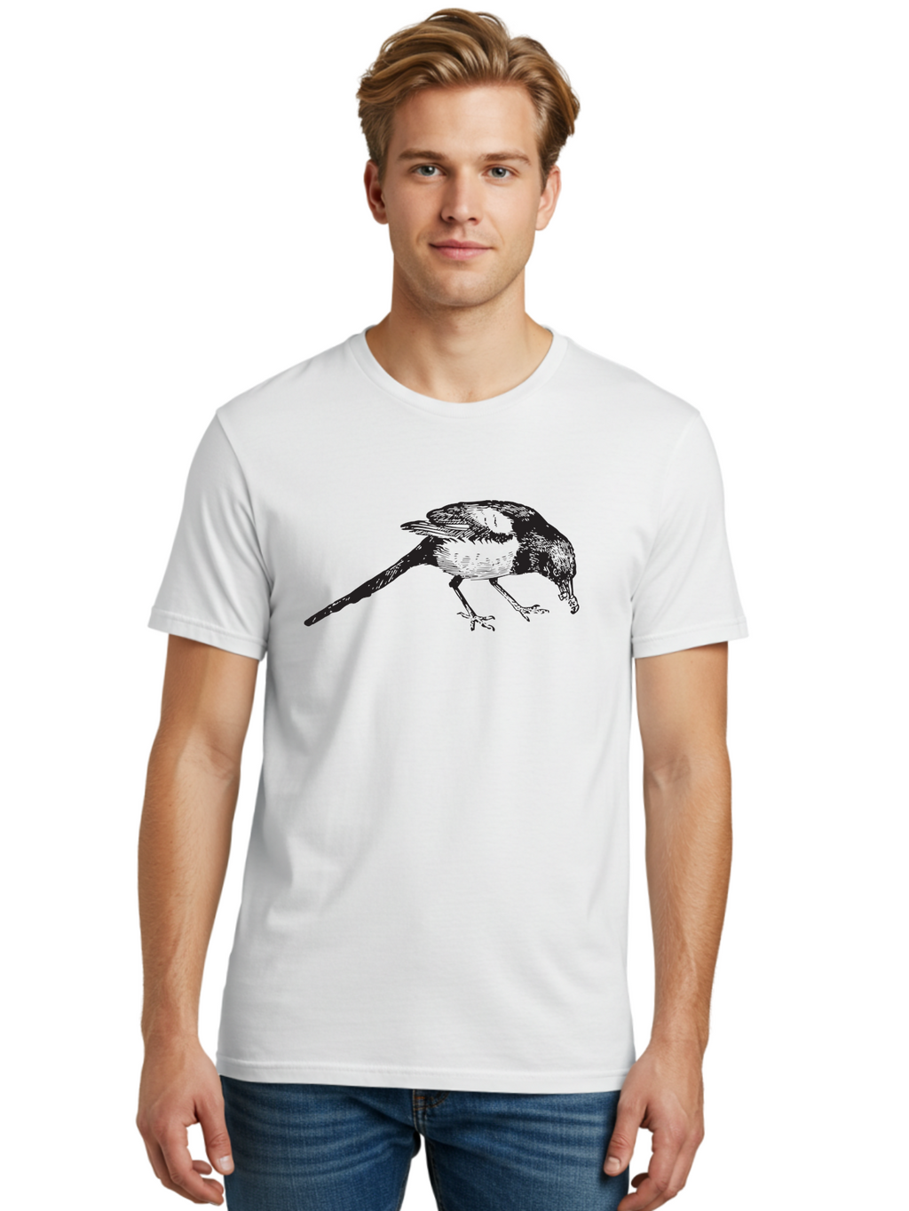 Black-Bird Men'S Graphic Tee, 100% Cotton, Comfortable Casual Summer Wear, Machine Washable, Black And White Bird, Bird In Flight, Wildlife Art, Birdwatching, Nature Lovers, Avian Illustrations, Bird'S Feathers, Detailed Drawing, Aad855