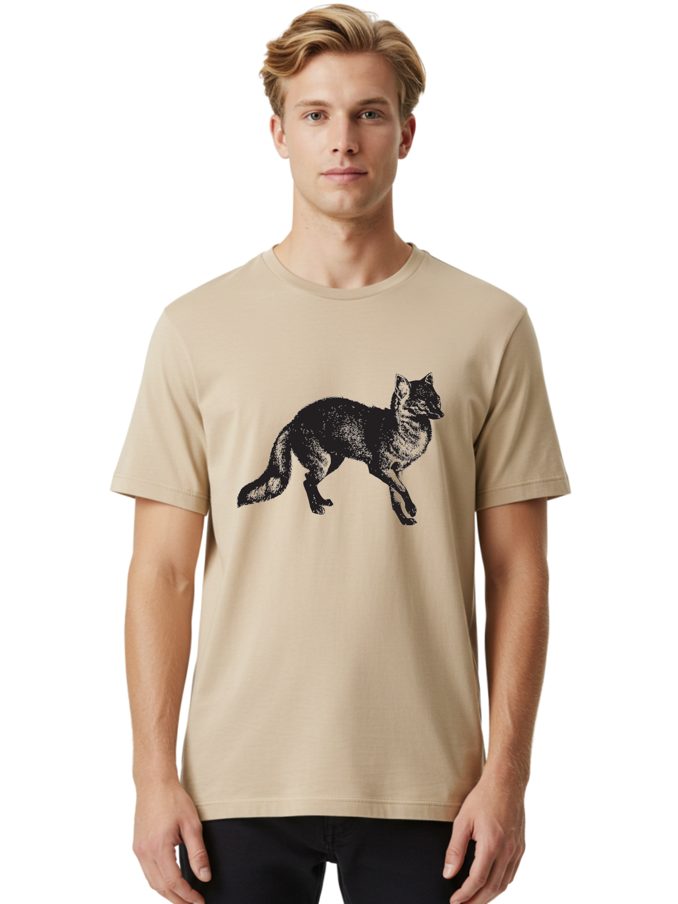 Black-Wolf Men'S Graphic Tee, 100% Cotton, Comfortable Casual Summer Wear, Machine Washable, Black Fox, Wildlife, Animal Silhouette, Nature, Wild Canines, Predators, Forest Dwellers, Black Graphic, Neon Effect Aad856