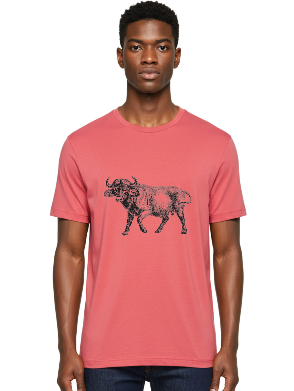 Bull-Illustration Men'S Graphic Tee, 100% Cotton, Comfortable Casual Summer Wear, Machine Washable, Wild Animal, Bovine Illustration, Majestic Horns, Grazing Mammal, Wildlife Artwork, Rustic Charm, Detailed Engraving, Farm Animal, Aad859