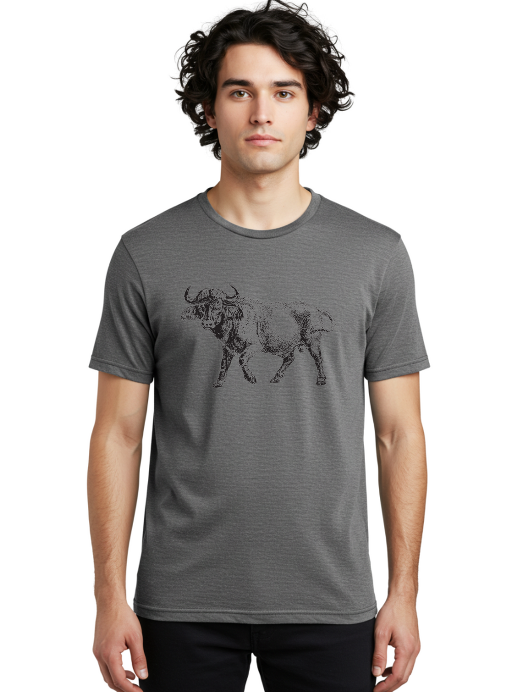Bull-Illustration Men'S Graphic Tee, 100% Cotton, Comfortable Casual Summer Wear, Machine Washable, Wild Animal, Bovine Illustration, Majestic Horns, Grazing Mammal, Wildlife Artwork, Rustic Charm, Detailed Engraving, Farm Animal, Aad859