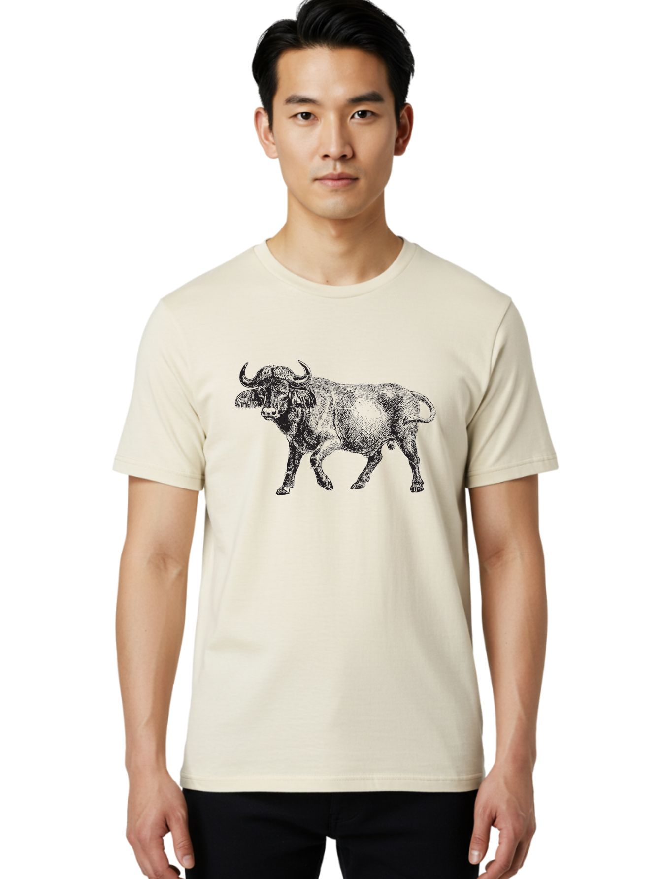 Bull-Illustration Men'S Graphic Tee, 100% Cotton, Comfortable Casual Summer Wear, Machine Washable, Wild Animal, Bovine Illustration, Majestic Horns, Grazing Mammal, Wildlife Artwork, Rustic Charm, Detailed Engraving, Farm Animal, Aad859