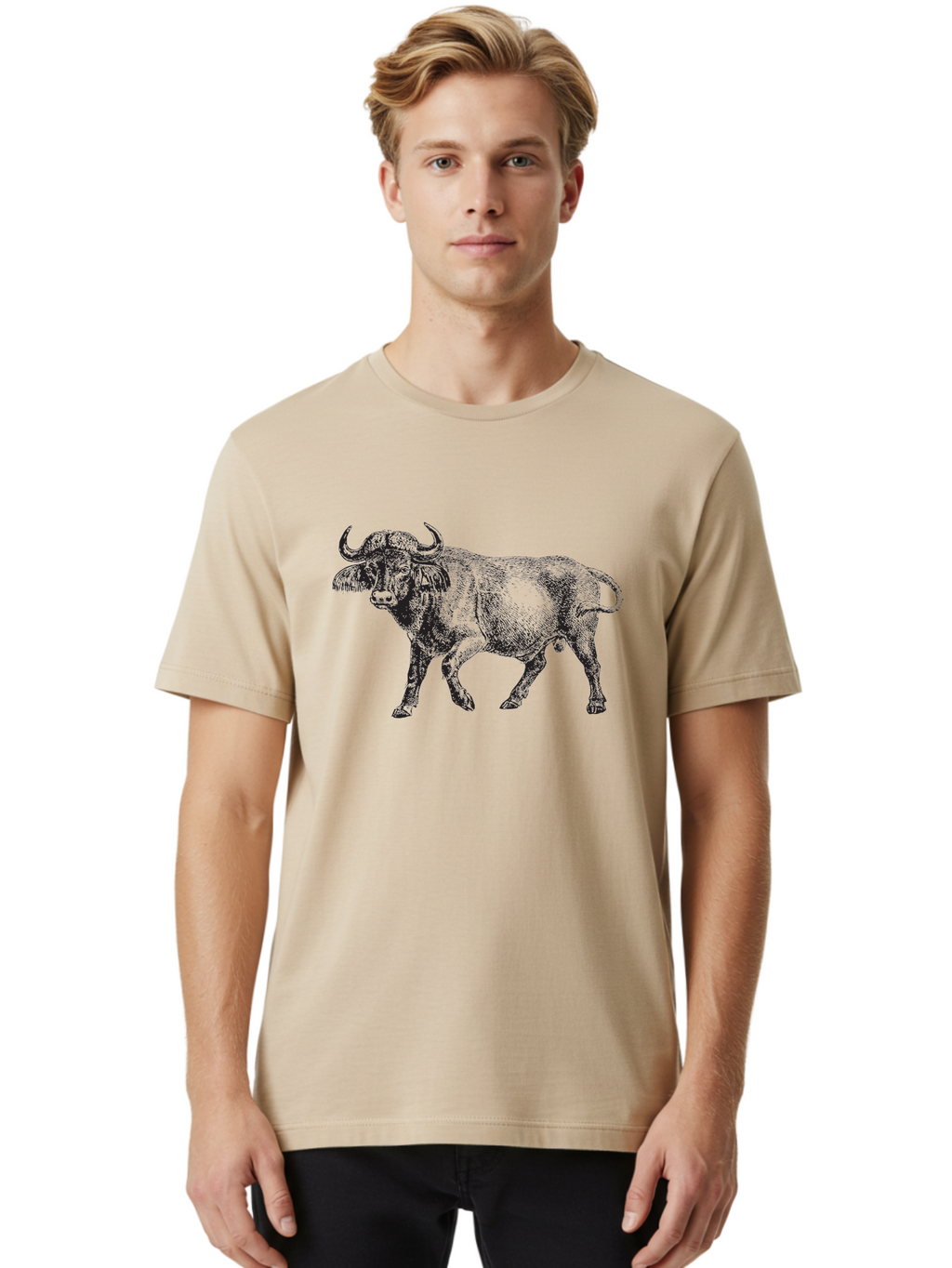 Bull-Illustration Men'S Graphic Tee, 100% Cotton, Comfortable Casual Summer Wear, Machine Washable, Wild Animal, Bovine Illustration, Majestic Horns, Grazing Mammal, Wildlife Artwork, Rustic Charm, Detailed Engraving, Farm Animal, Aad859