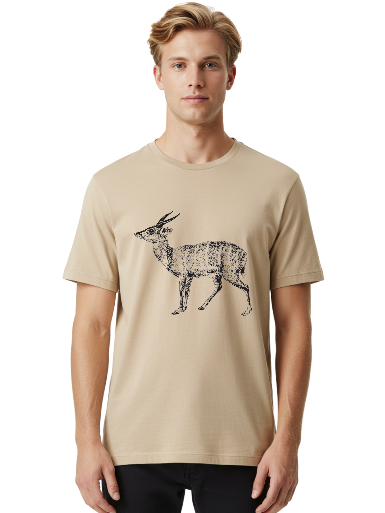 Bushbuck-Sketch Men'S Graphic Tee, 100% Cotton, Comfortable Casual Summer Wear, Machine Washable, Illustration Of A Deer, Animal Art, Wildlife, Forest Creature, Horned Mammal, Nature-Inspired Design, Graphic Illustration, Sketch Art Aad860