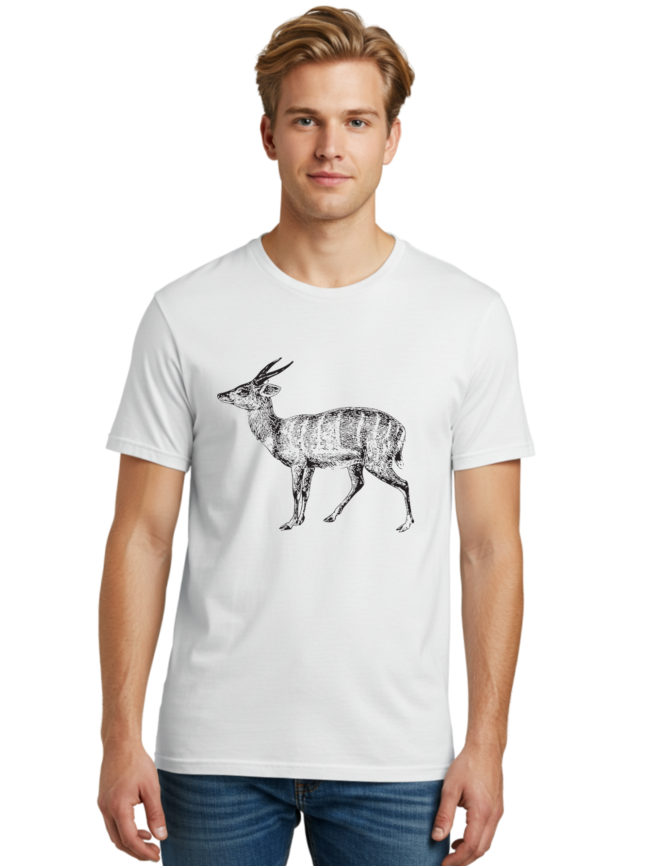 Bushbuck-Sketch Men'S Graphic Tee, 100% Cotton, Comfortable Casual Summer Wear, Machine Washable, Illustration Of A Deer, Animal Art, Wildlife, Forest Creature, Horned Mammal, Nature-Inspired Design, Graphic Illustration, Sketch Art Aad860