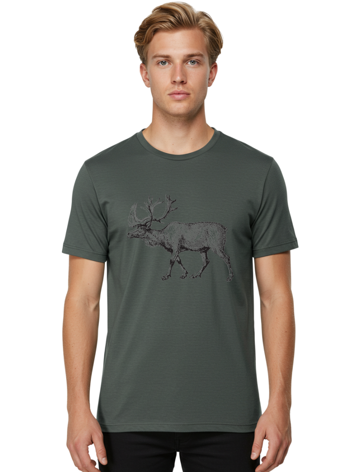 Caribou Men'S Graphic Tee, 100% Cotton, Comfortable Casual Summer Wear, Machine Washable, Illustration Of A Caribou, Wildlife Art, Detailed Drawing, Antlers, Animal Portrait, Outdoor Enthusiasts, Nature Lovers, Graphic Design Aad862