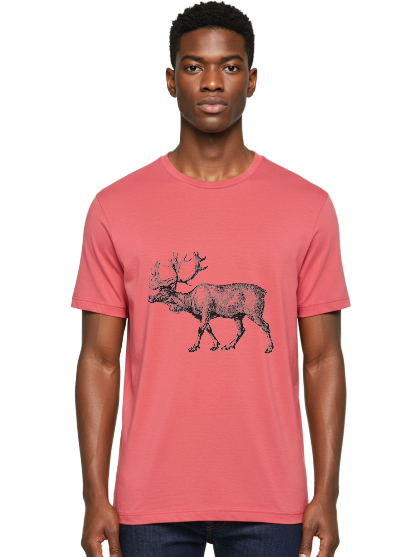 Caribou Men'S Graphic Tee, 100% Cotton, Comfortable Casual Summer Wear, Machine Washable, Illustration Of A Caribou, Wildlife Art, Detailed Drawing, Antlers, Animal Portrait, Outdoor Enthusiasts, Nature Lovers, Graphic Design Aad862