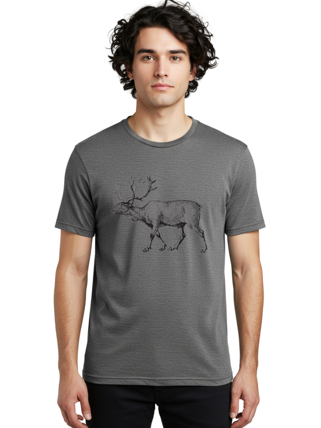 Caribou Men'S Graphic Tee, 100% Cotton, Comfortable Casual Summer Wear, Machine Washable, Illustration Of A Caribou, Wildlife Art, Detailed Drawing, Antlers, Animal Portrait, Outdoor Enthusiasts, Nature Lovers, Graphic Design Aad862