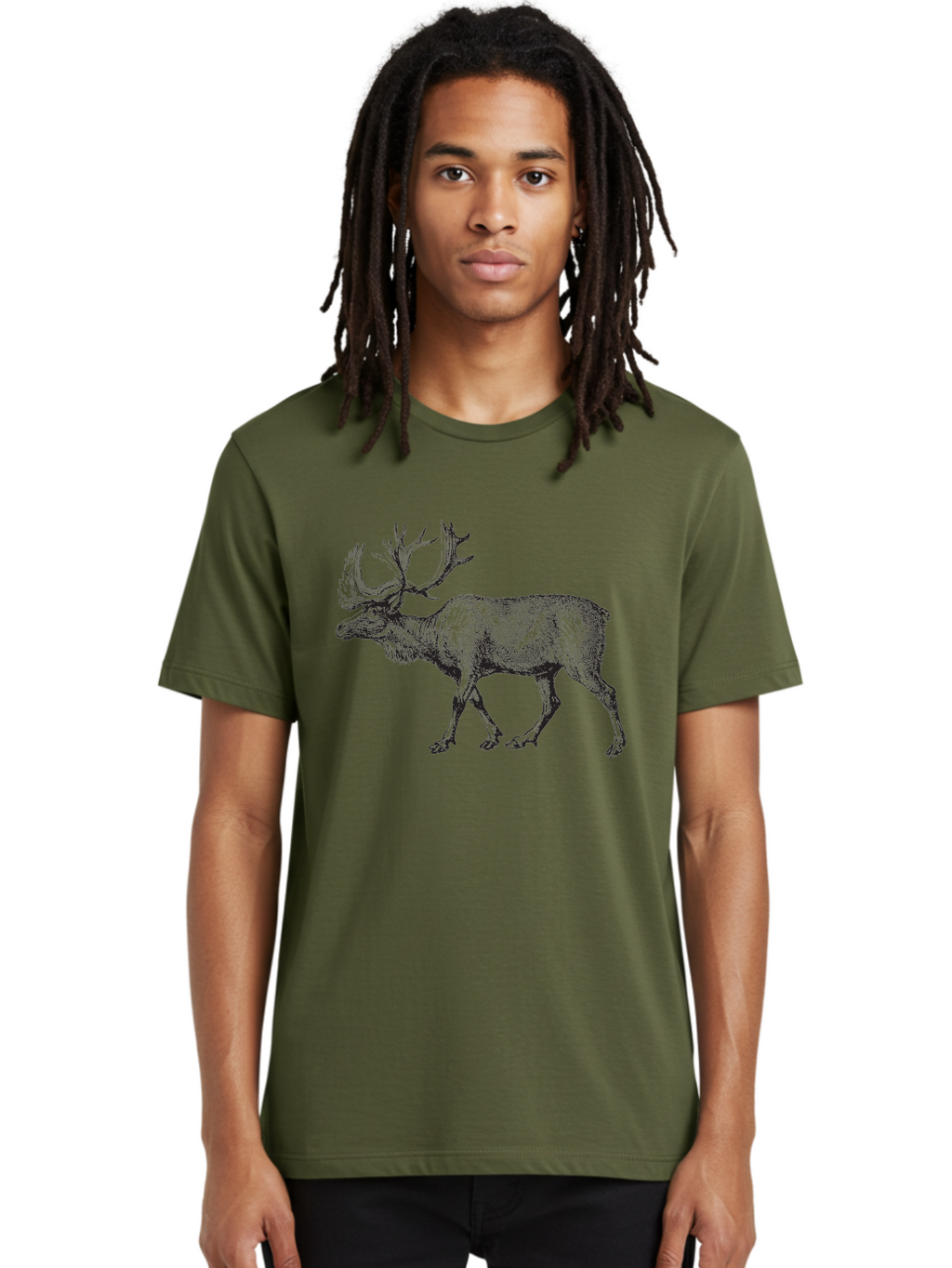 Caribou Men'S Graphic Tee, 100% Cotton, Comfortable Casual Summer Wear, Machine Washable, Illustration Of A Caribou, Wildlife Art, Detailed Drawing, Antlers, Animal Portrait, Outdoor Enthusiasts, Nature Lovers, Graphic Design Aad862