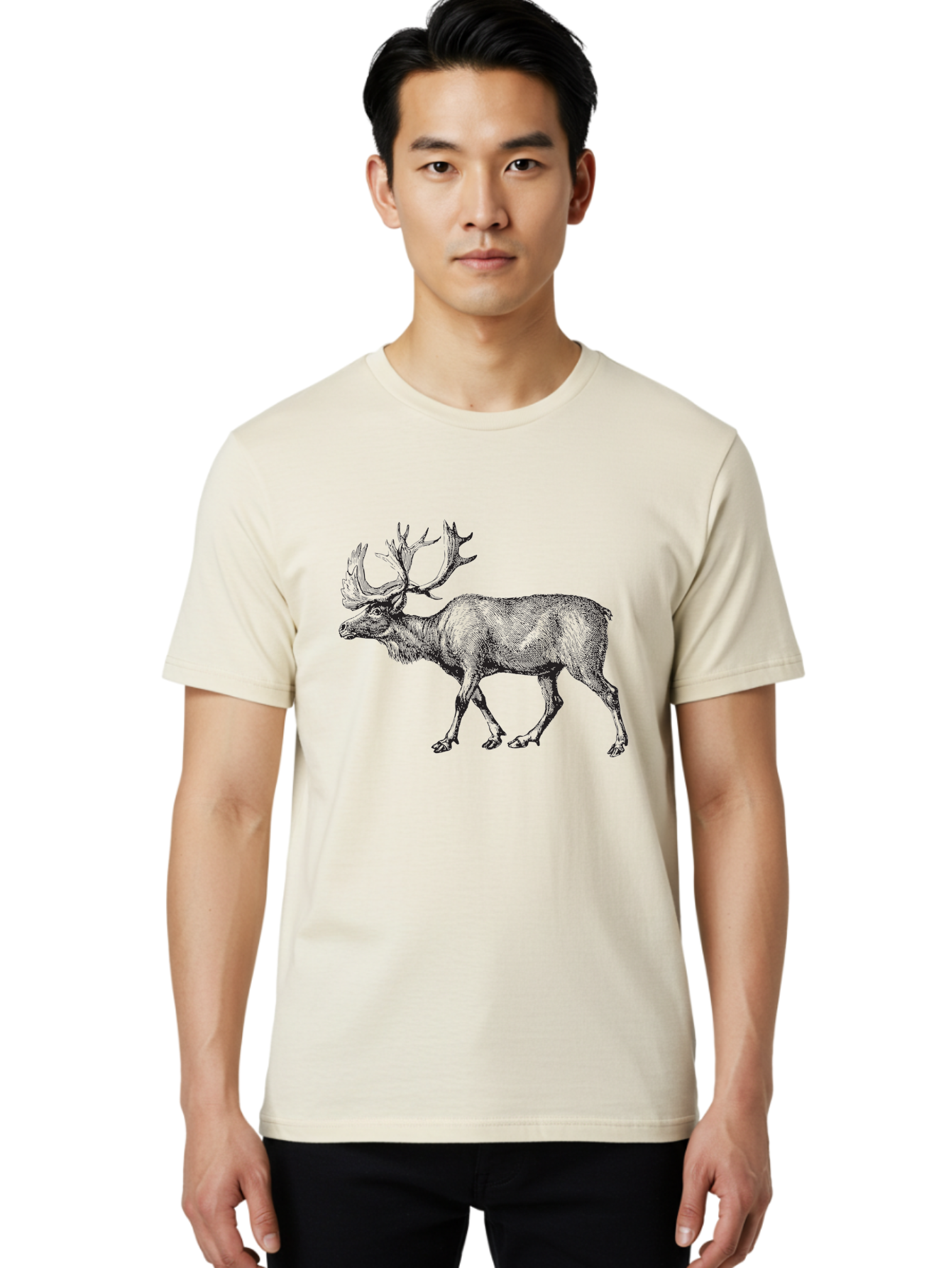 Caribou Men'S Graphic Tee, 100% Cotton, Comfortable Casual Summer Wear, Machine Washable, Illustration Of A Caribou, Wildlife Art, Detailed Drawing, Antlers, Animal Portrait, Outdoor Enthusiasts, Nature Lovers, Graphic Design Aad862