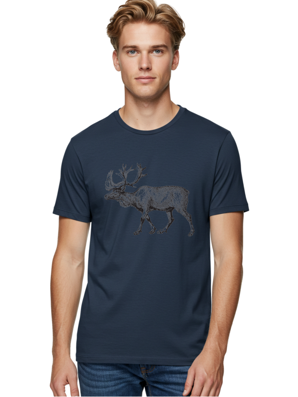 Caribou Men'S Graphic Tee, 100% Cotton, Comfortable Casual Summer Wear, Machine Washable, Illustration Of A Caribou, Wildlife Art, Detailed Drawing, Antlers, Animal Portrait, Outdoor Enthusiasts, Nature Lovers, Graphic Design Aad862