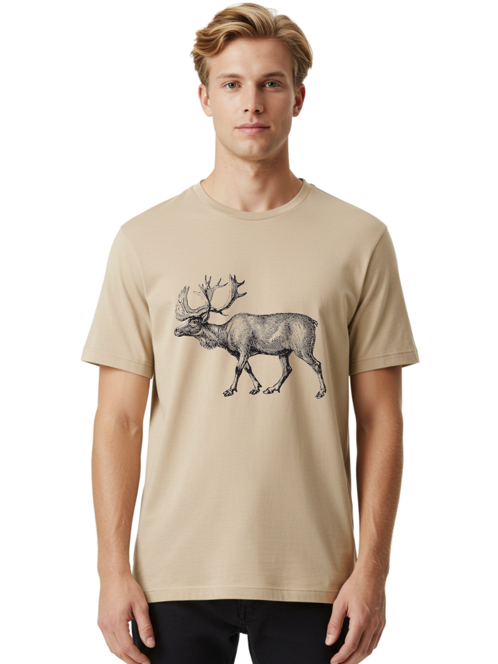 Caribou Men'S Graphic Tee, 100% Cotton, Comfortable Casual Summer Wear, Machine Washable, Illustration Of A Caribou, Wildlife Art, Detailed Drawing, Antlers, Animal Portrait, Outdoor Enthusiasts, Nature Lovers, Graphic Design Aad862