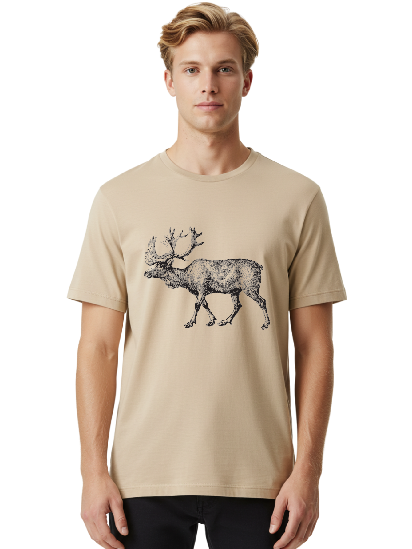Caribou Men'S Graphic Tee, 100% Cotton, Comfortable Casual Summer Wear, Machine Washable, Illustration Of A Caribou, Wildlife Art, Detailed Drawing, Antlers, Animal Portrait, Outdoor Enthusiasts, Nature Lovers, Graphic Design Aad862