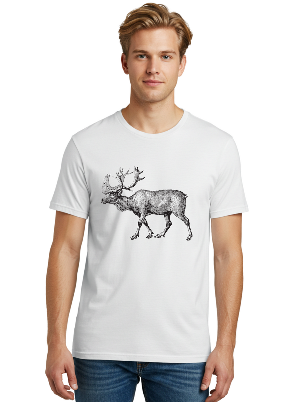 Caribou Men'S Graphic Tee, 100% Cotton, Comfortable Casual Summer Wear, Machine Washable, Illustration Of A Caribou, Wildlife Art, Detailed Drawing, Antlers, Animal Portrait, Outdoor Enthusiasts, Nature Lovers, Graphic Design Aad862
