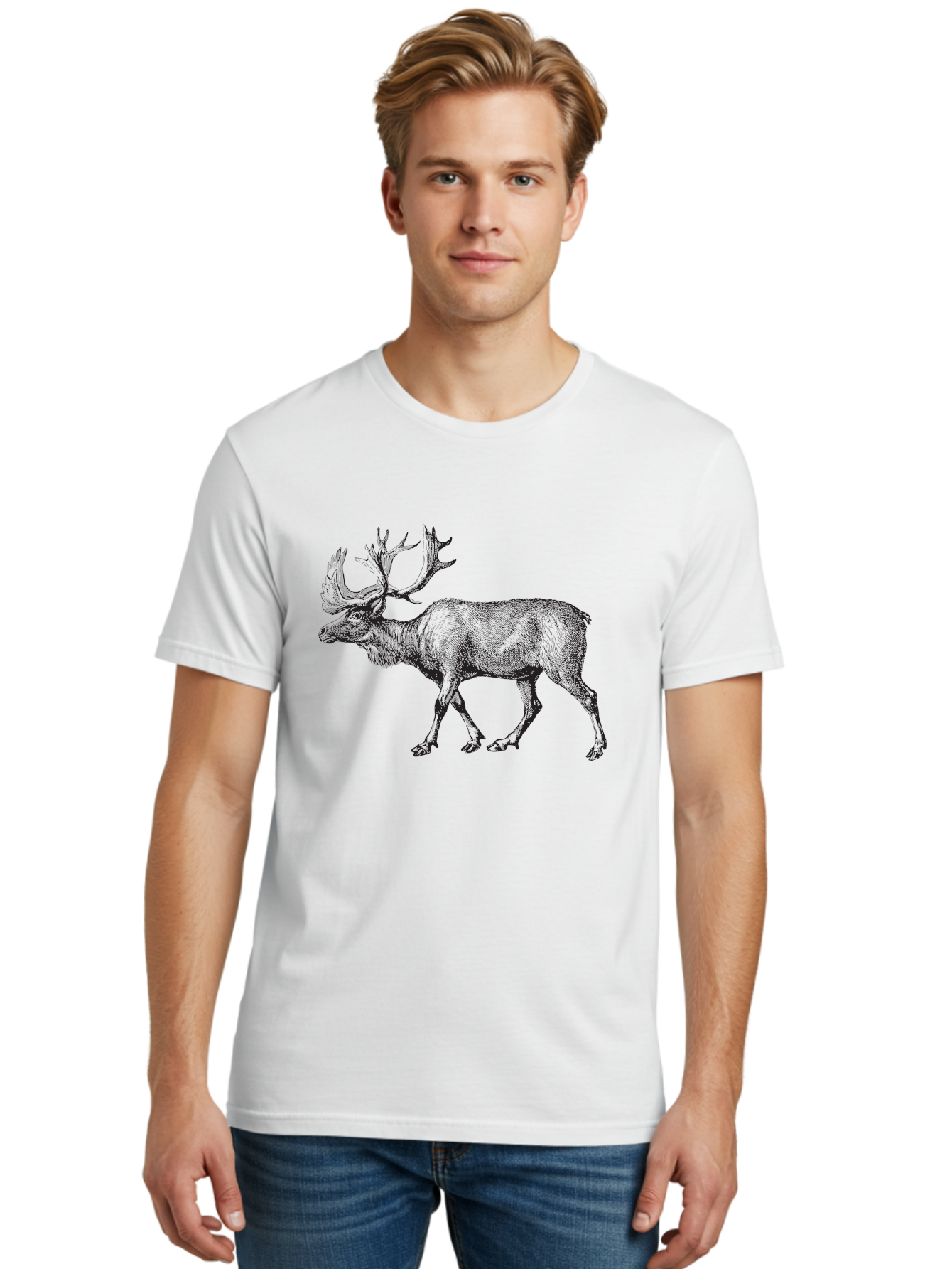 Caribou Men'S Graphic Tee, 100% Cotton, Comfortable Casual Summer Wear, Machine Washable, Illustration Of A Caribou, Wildlife Art, Detailed Drawing, Antlers, Animal Portrait, Outdoor Enthusiasts, Nature Lovers, Graphic Design Aad862