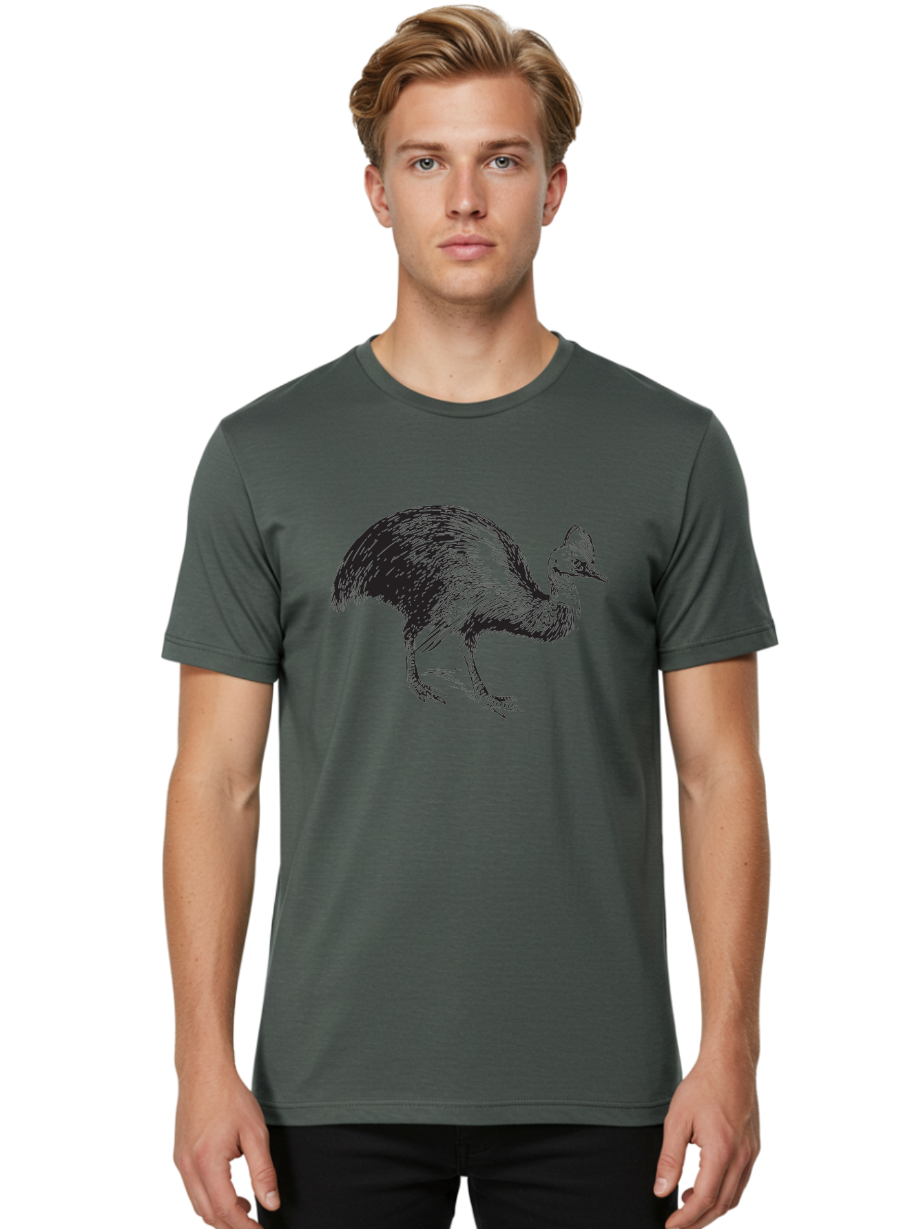 Cassowary Men'S Graphic Tee, 100% Cotton, Comfortable Casual Summer Wear, Machine Washable, Cassowary Bird, Black And White Illustration, Large Flightless Bird, Native Australian Wildlife, Exotic Species, Birdwatching, Wildlife Conservation, Aad863