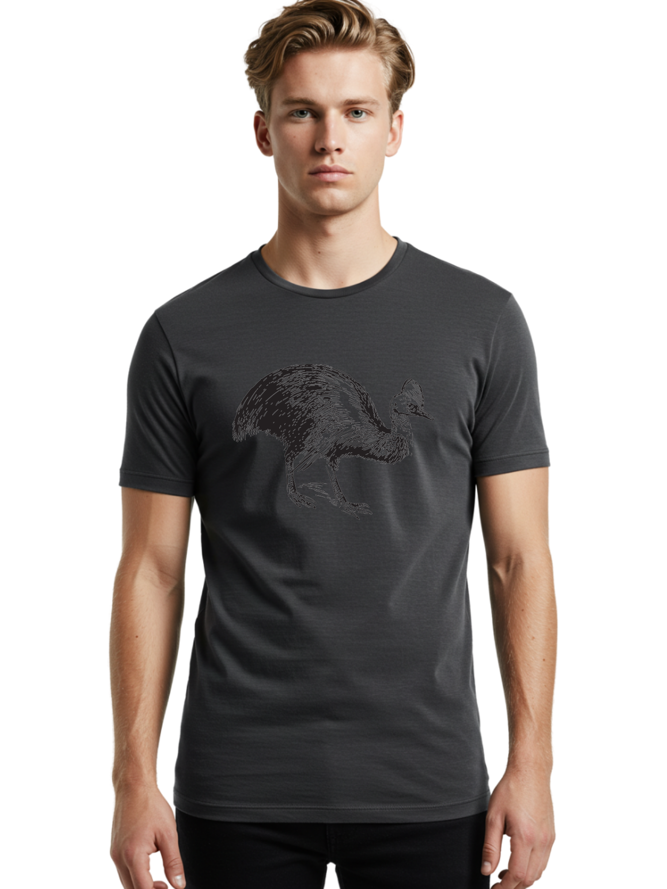 Cassowary Men'S Graphic Tee, 100% Cotton, Comfortable Casual Summer Wear, Machine Washable, Cassowary Bird, Black And White Illustration, Large Flightless Bird, Native Australian Wildlife, Exotic Species, Birdwatching, Wildlife Conservation, Aad863