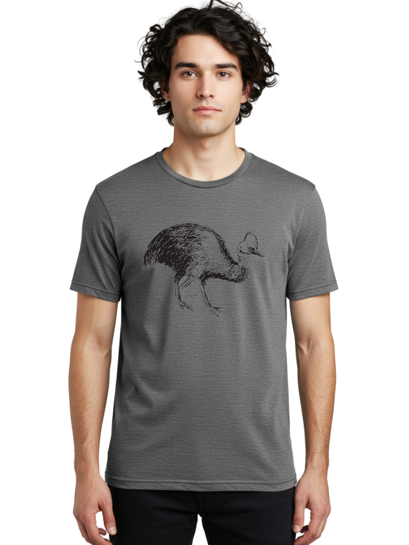 Cassowary Men'S Graphic Tee, 100% Cotton, Comfortable Casual Summer Wear, Machine Washable, Cassowary Bird, Black And White Illustration, Large Flightless Bird, Native Australian Wildlife, Exotic Species, Birdwatching, Wildlife Conservation, Aad863