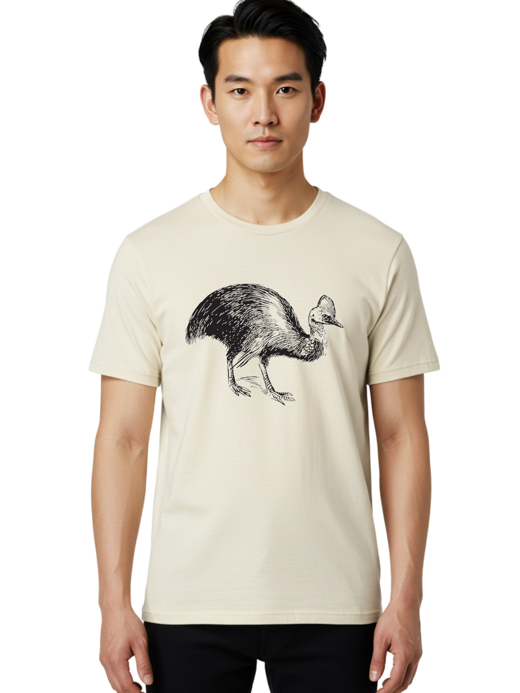 Cassowary Men'S Graphic Tee, 100% Cotton, Comfortable Casual Summer Wear, Machine Washable, Cassowary Bird, Black And White Illustration, Large Flightless Bird, Native Australian Wildlife, Exotic Species, Birdwatching, Wildlife Conservation, Aad863