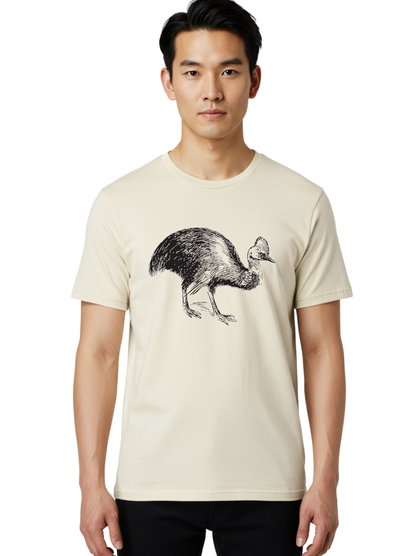 Cassowary Men'S Graphic Tee, 100% Cotton, Comfortable Casual Summer Wear, Machine Washable, Cassowary Bird, Black And White Illustration, Large Flightless Bird, Native Australian Wildlife, Exotic Species, Birdwatching, Wildlife Conservation, Aad863