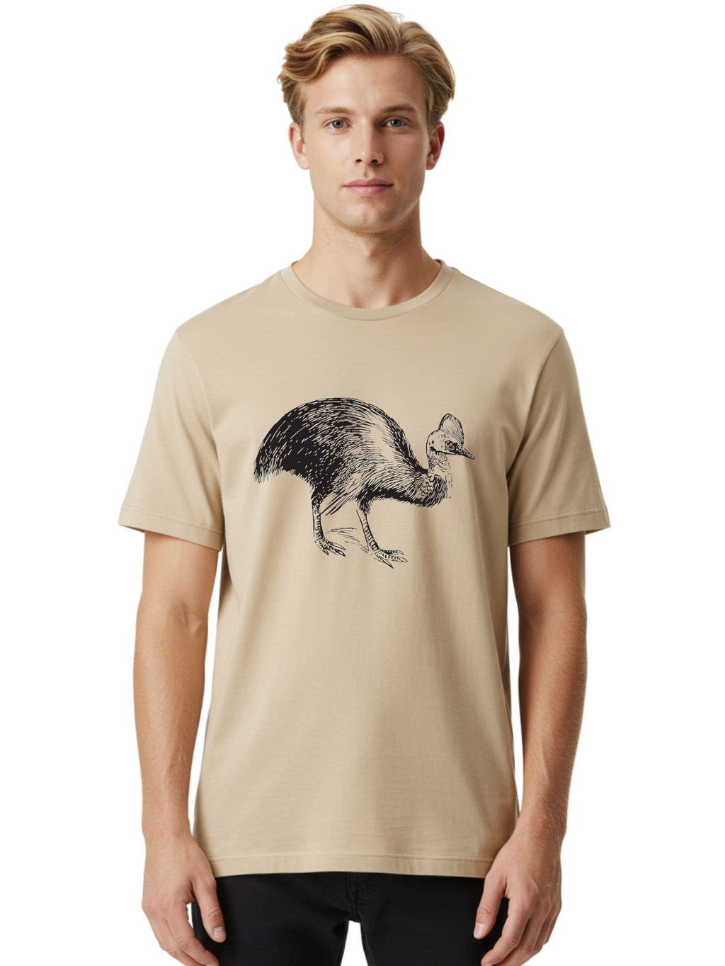 Cassowary Men'S Graphic Tee, 100% Cotton, Comfortable Casual Summer Wear, Machine Washable, Cassowary Bird, Black And White Illustration, Large Flightless Bird, Native Australian Wildlife, Exotic Species, Birdwatching, Wildlife Conservation, Aad863