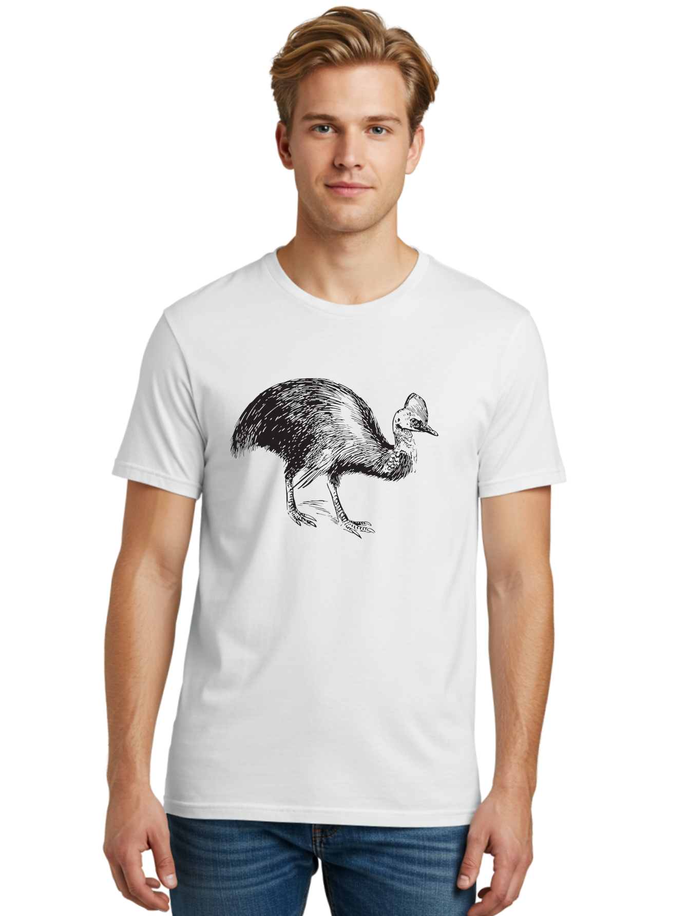 Cassowary Men'S Graphic Tee, 100% Cotton, Comfortable Casual Summer Wear, Machine Washable, Cassowary Bird, Black And White Illustration, Large Flightless Bird, Native Australian Wildlife, Exotic Species, Birdwatching, Wildlife Conservation, Aad863